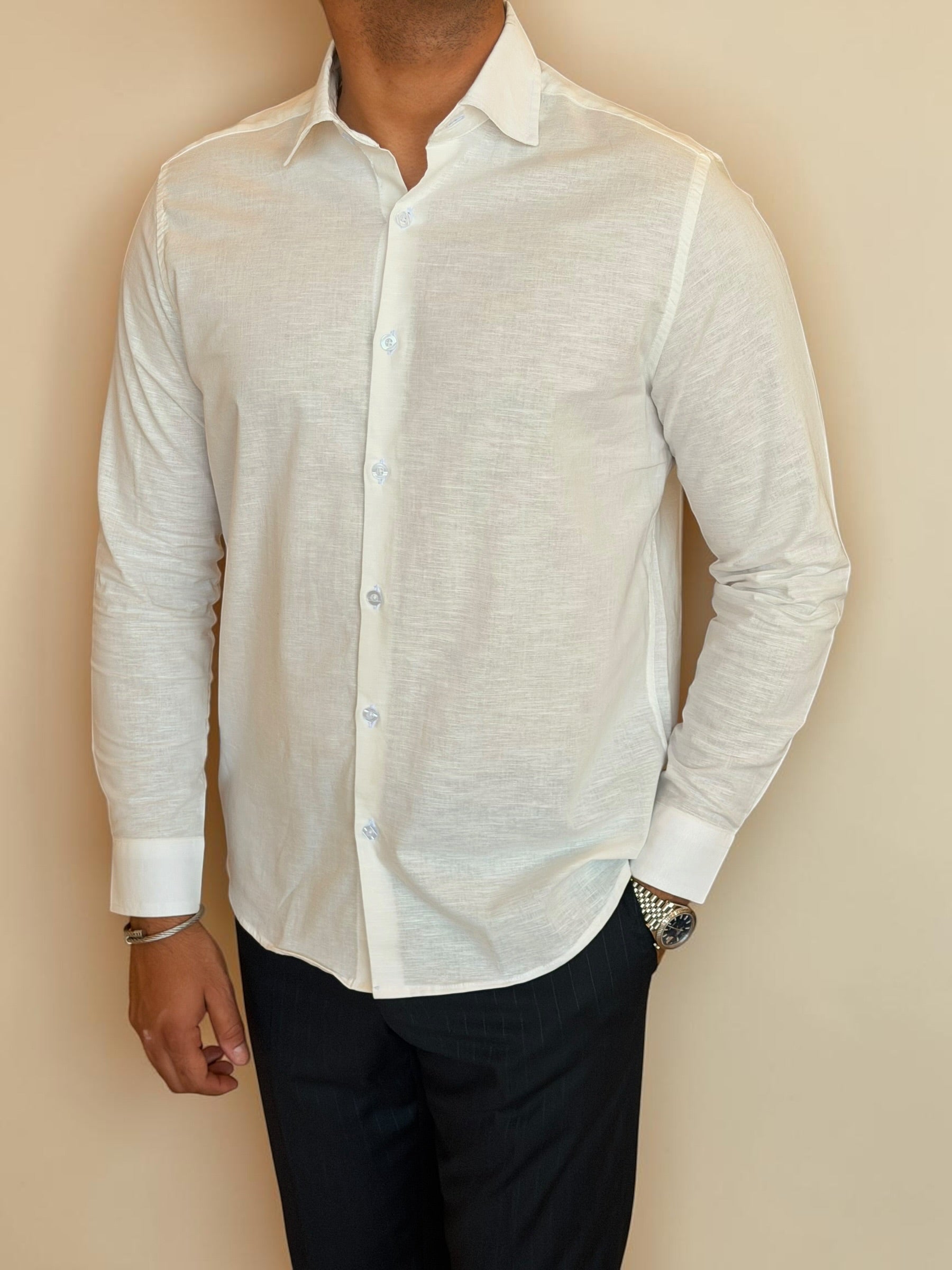 Spread collar pure linen chemise - Off white