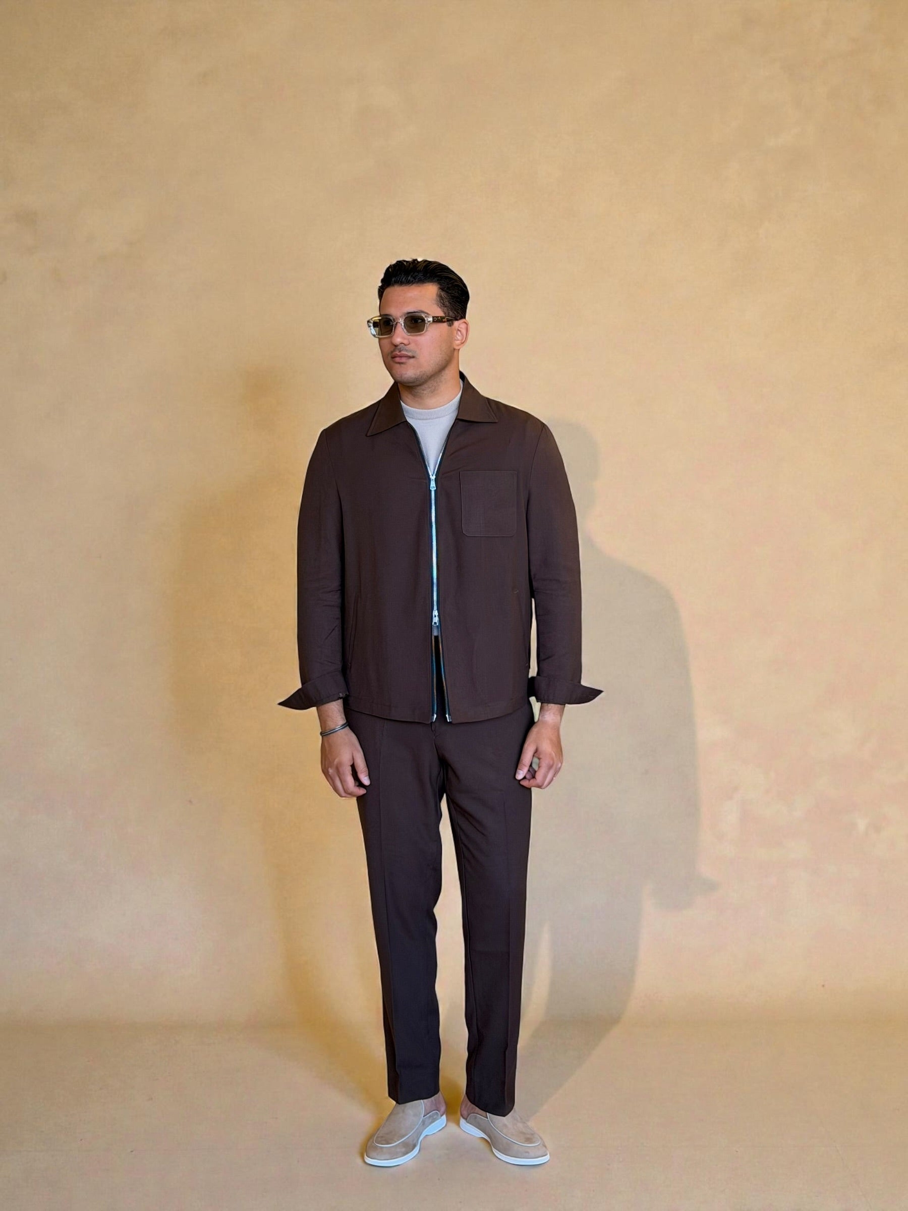 Dual zipper linen set - Brown