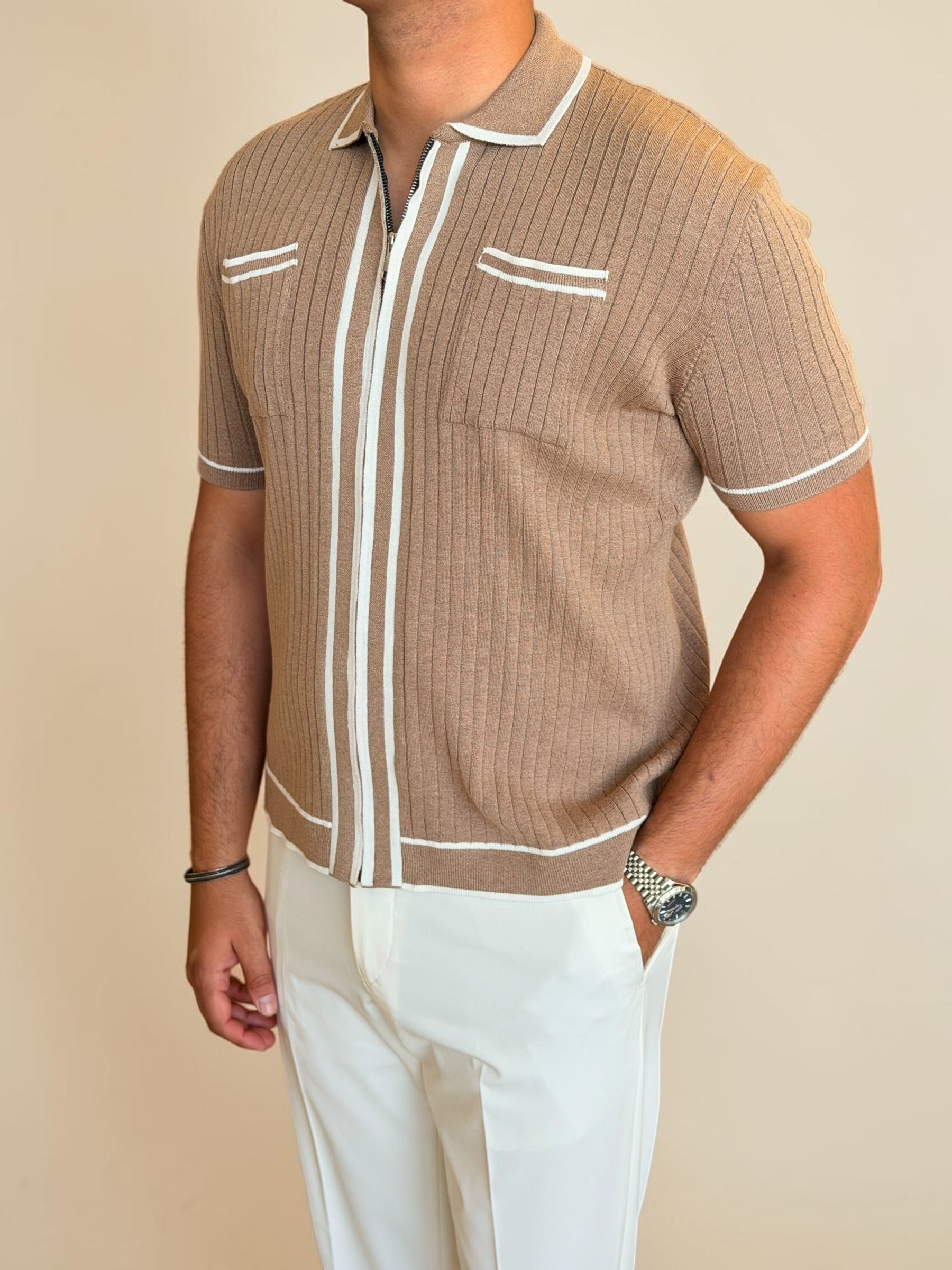Zipper knitted polo - Beige