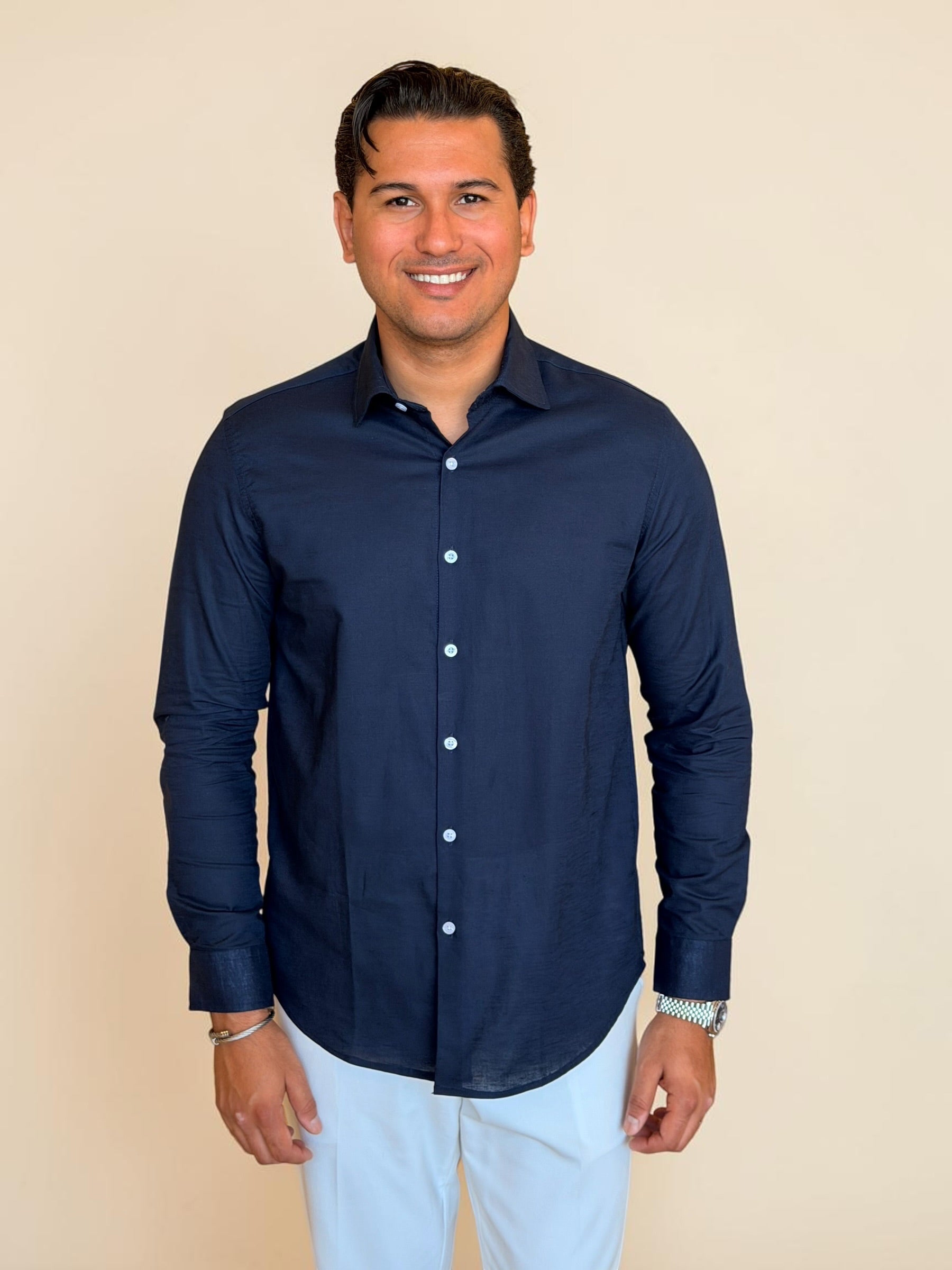 Spread collar pure linen chemise - Navy