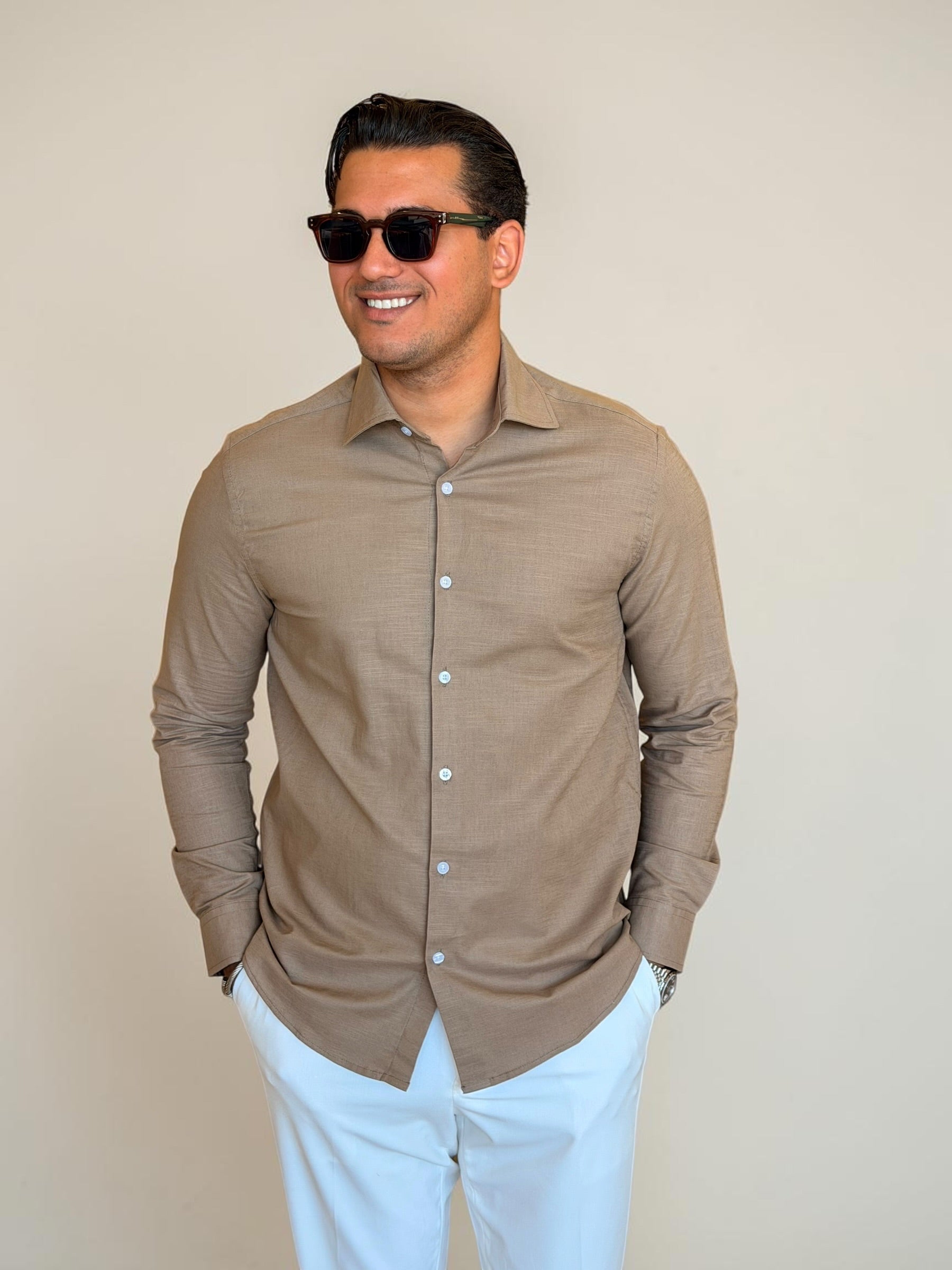 Spread collar pure linen chemise - Cacao