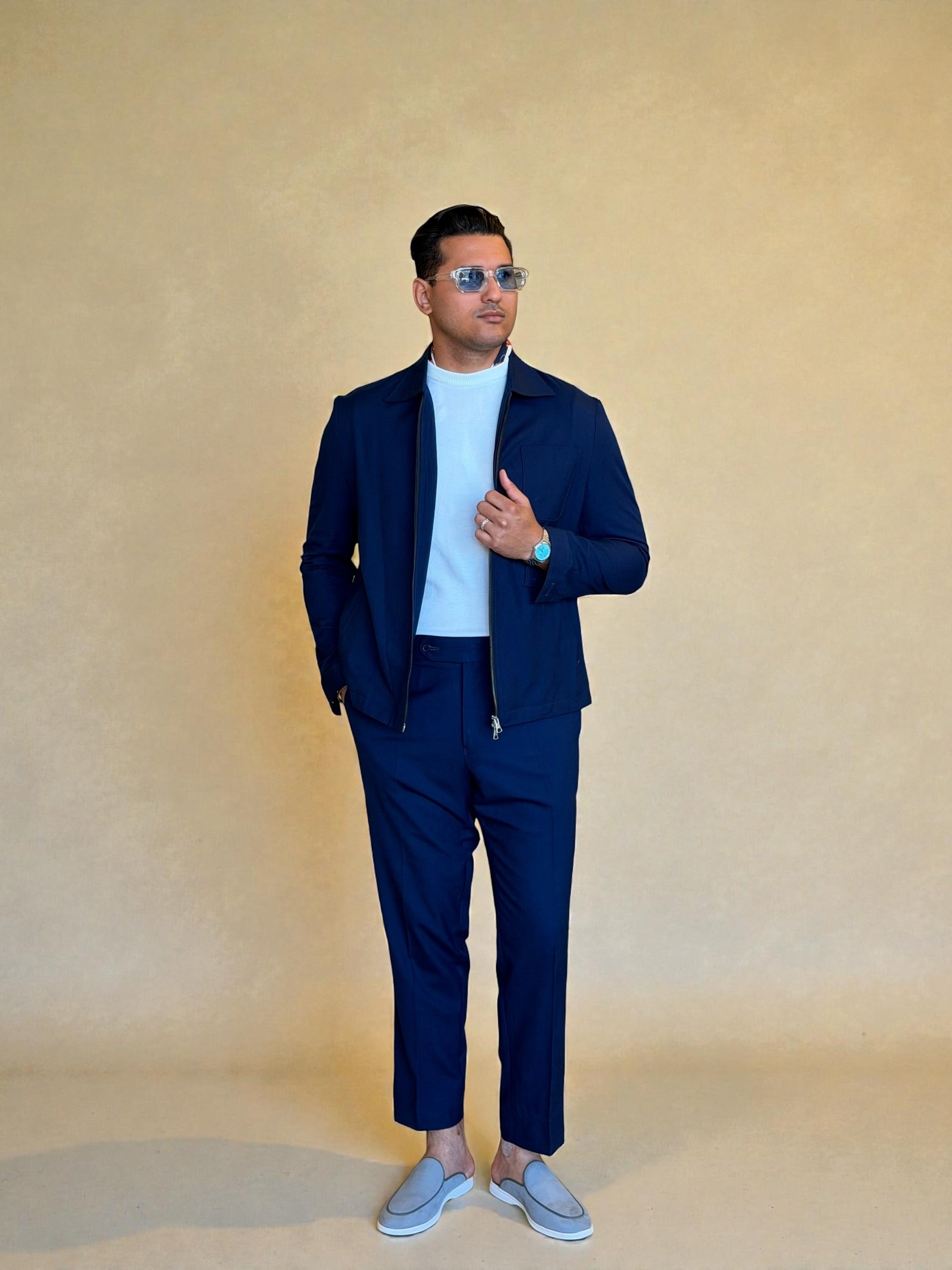 Dual zipper linen set - Navy