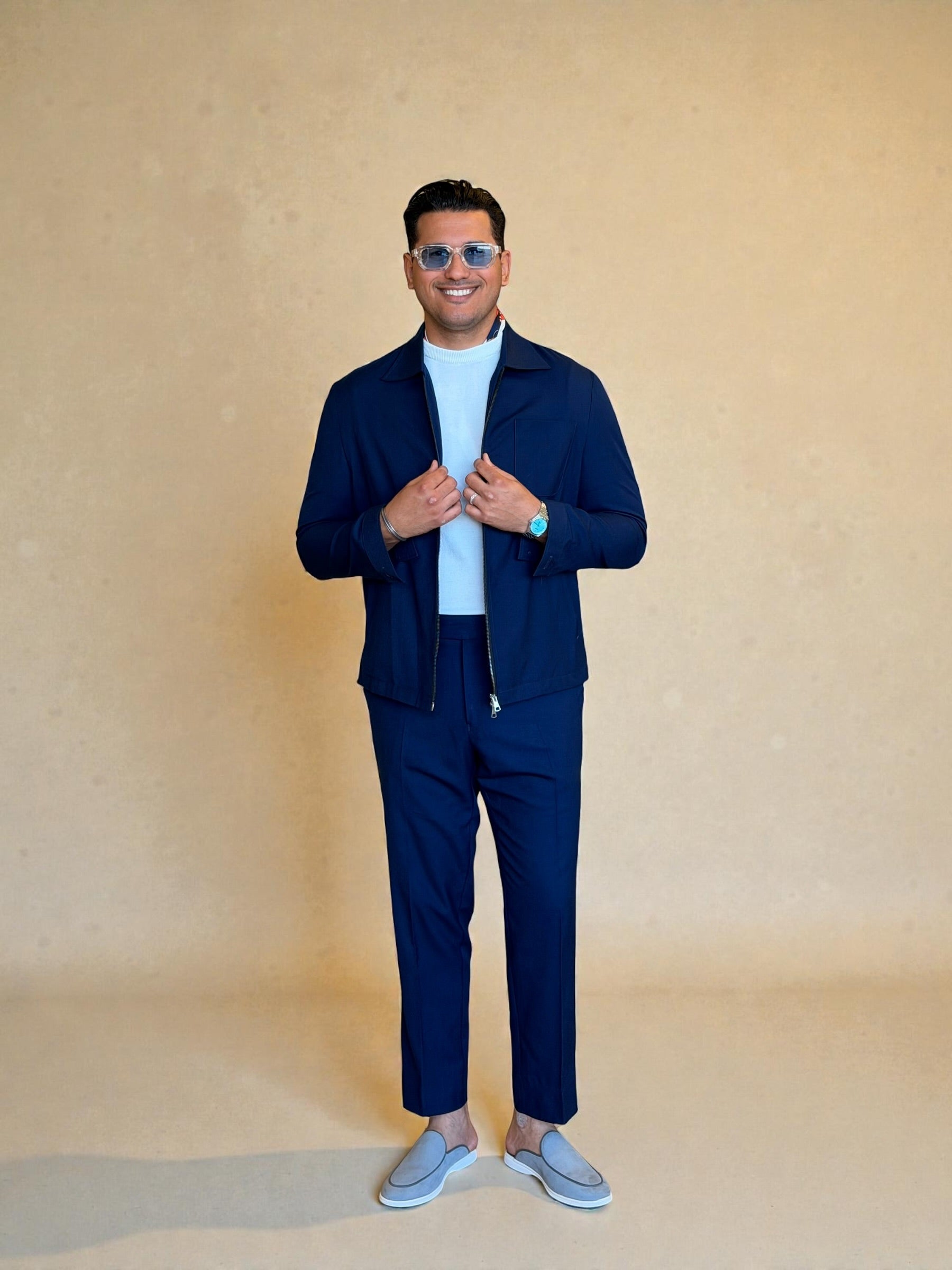 Dual zipper linen set - Navy
