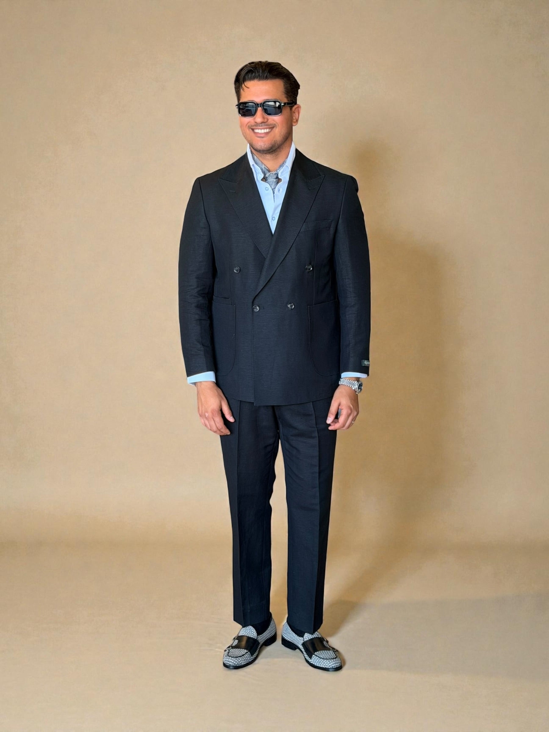 Pure linen Four button double breasted suit - Black
