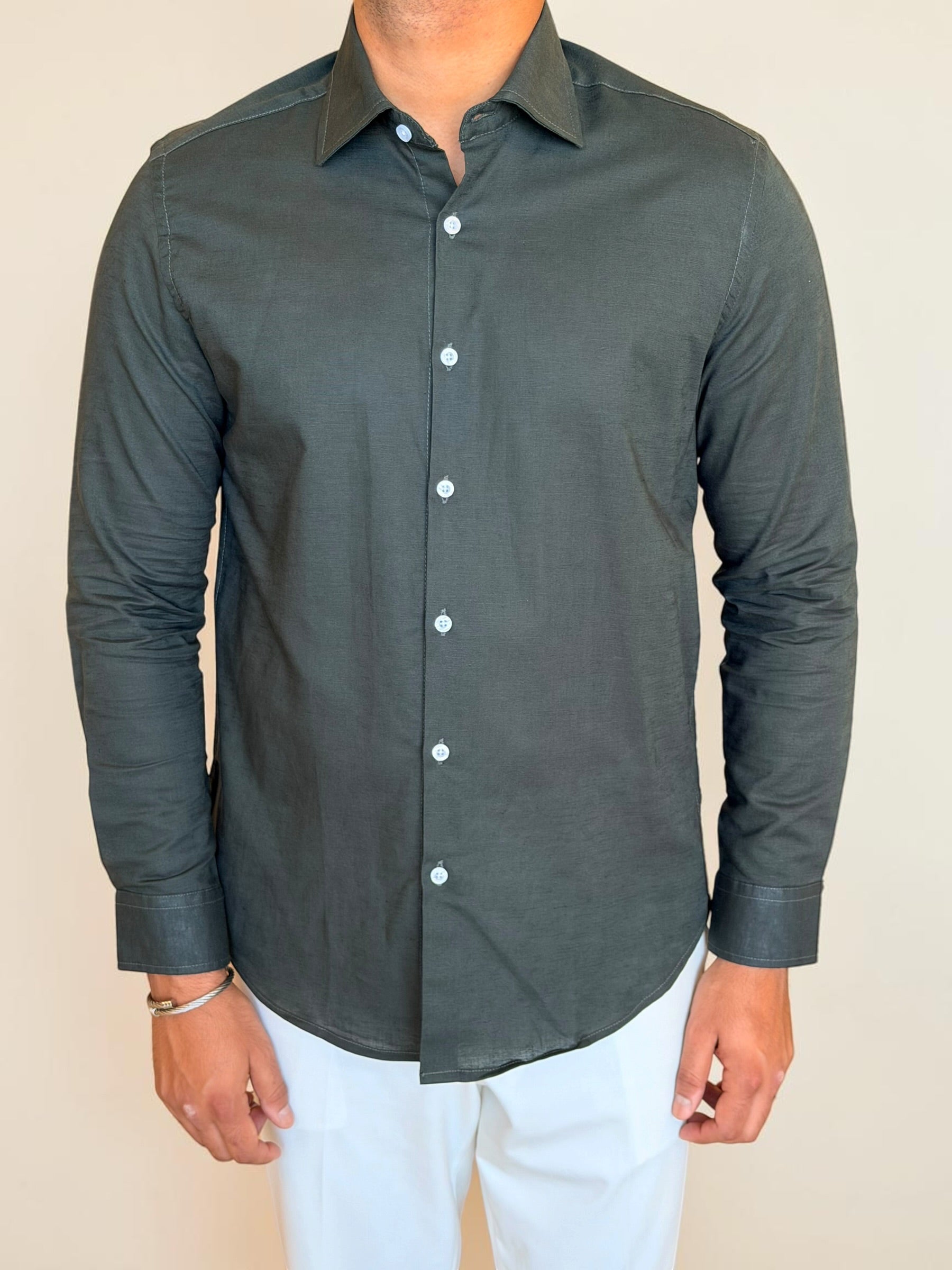 Spread collar pure linen chemise - Olive