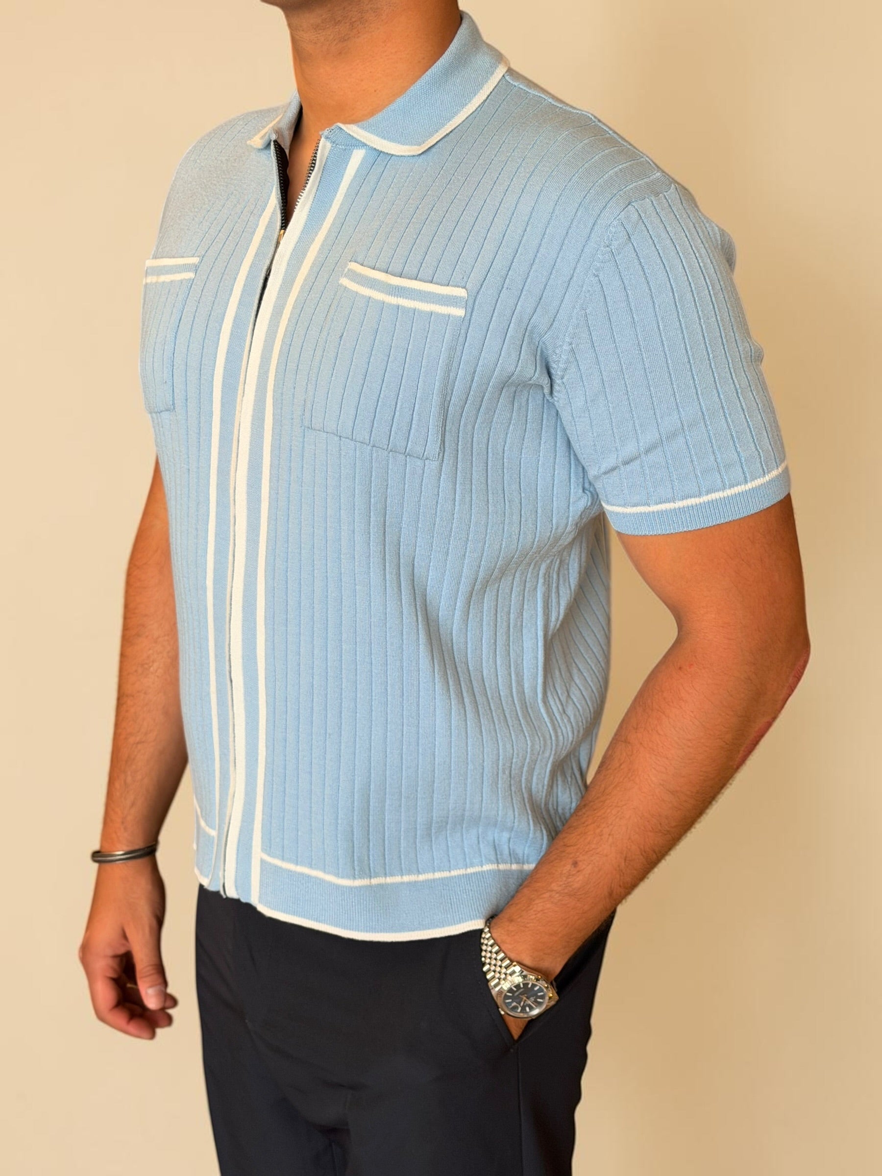 Zipper knitted polo - Baby blue