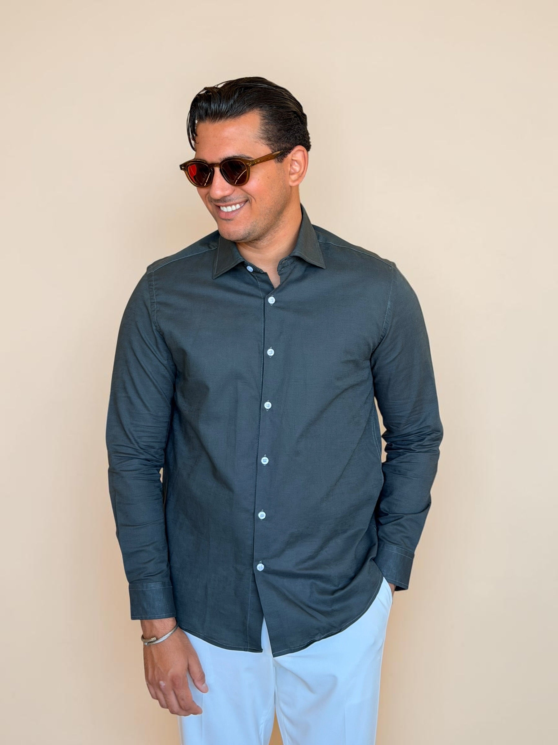 Spread collar pure linen chemise - Olive