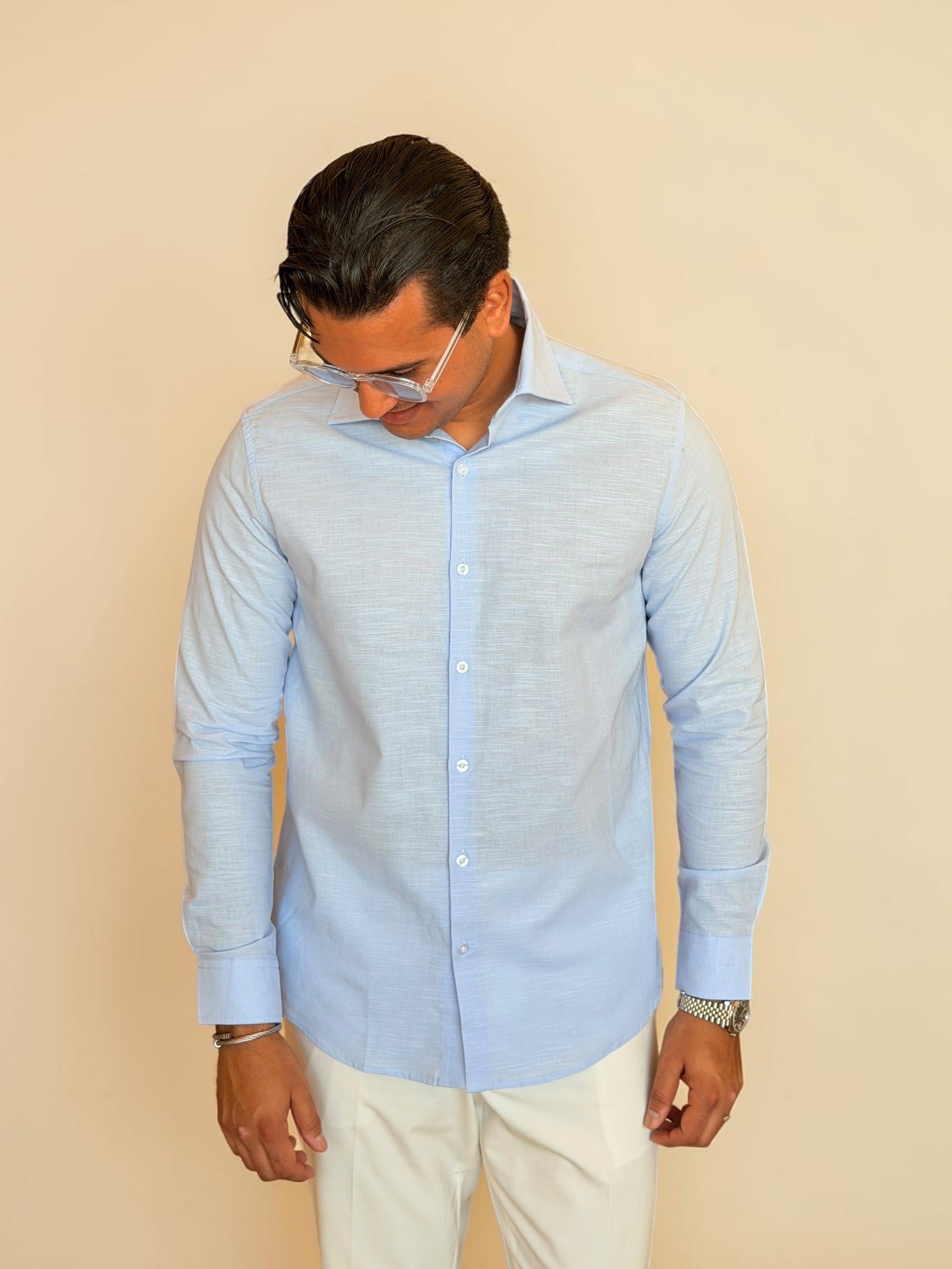 Spread collar pure linen chemise - Baby blue