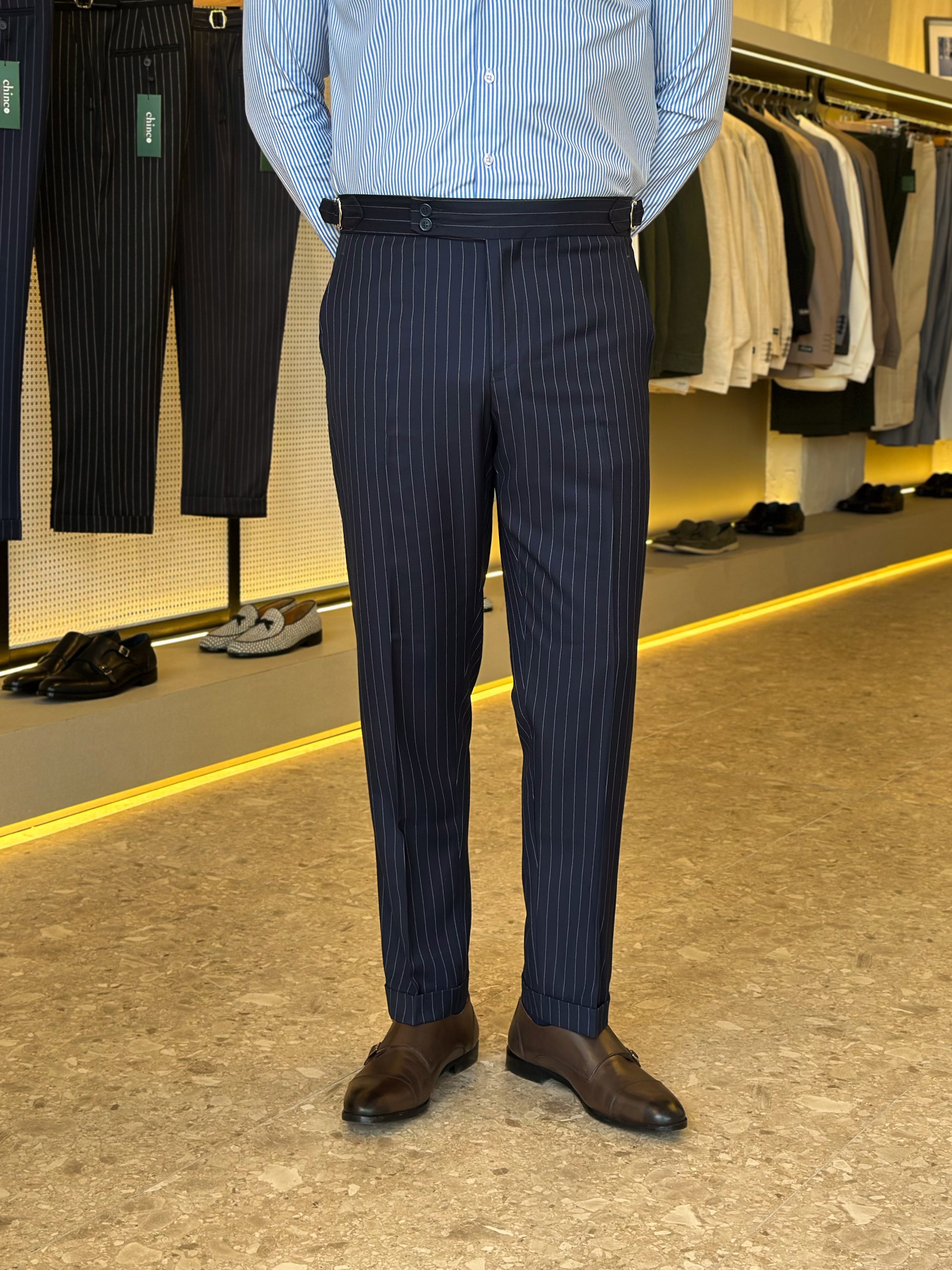 Double button chino trouser - Navy striped
