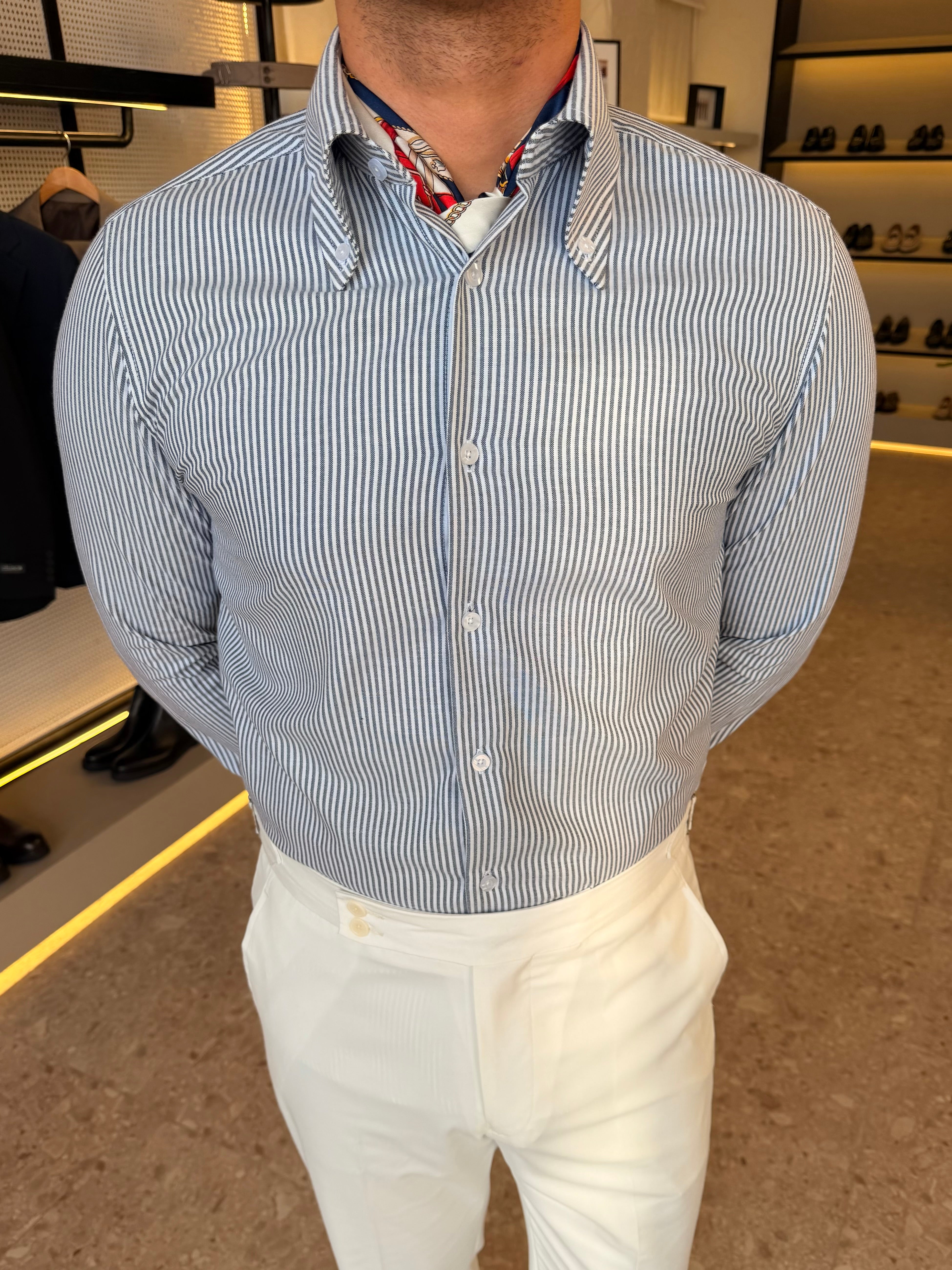 Button-Down Collar cotton Shirt – Navy striped