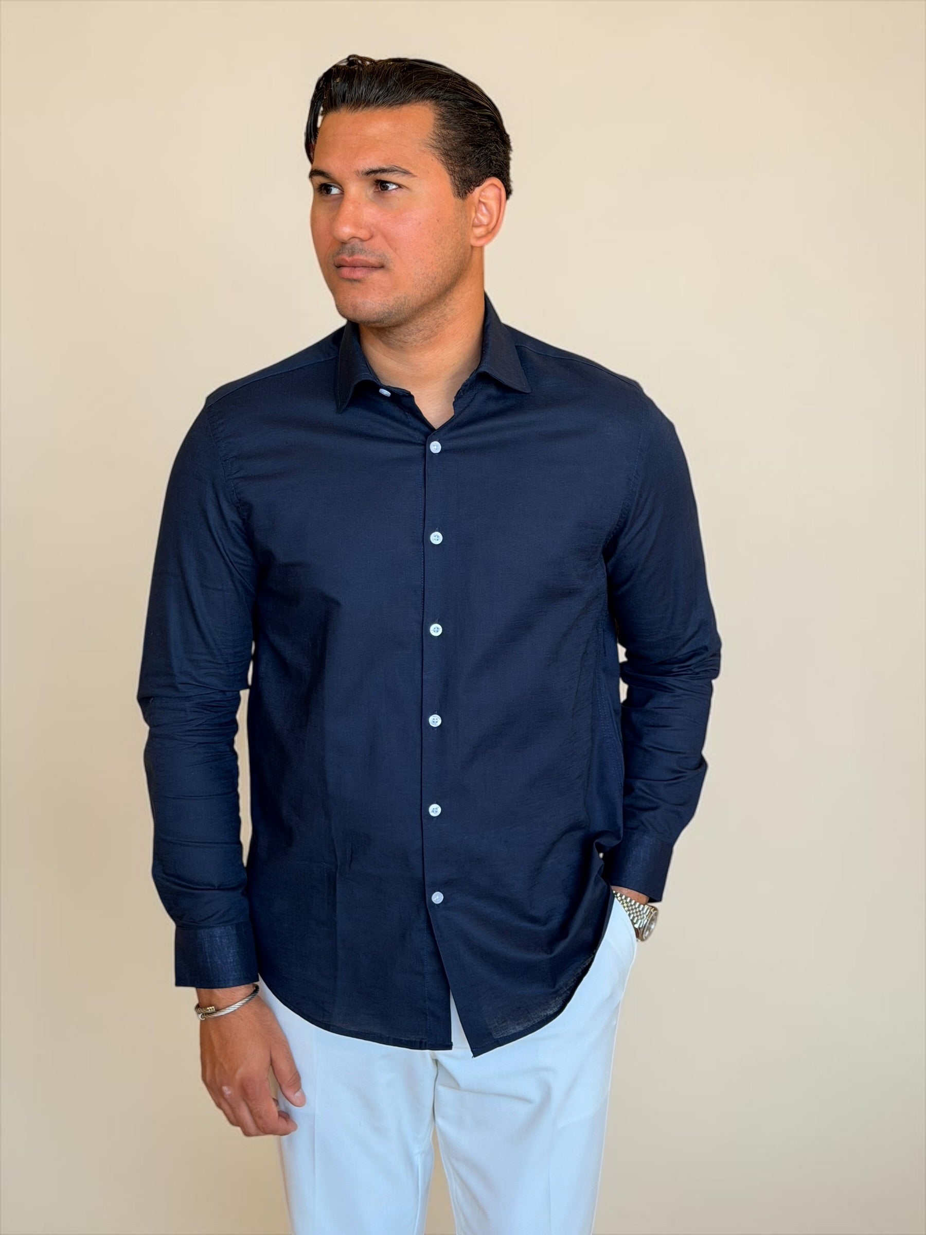 Spread collar pure linen chemise - Navy