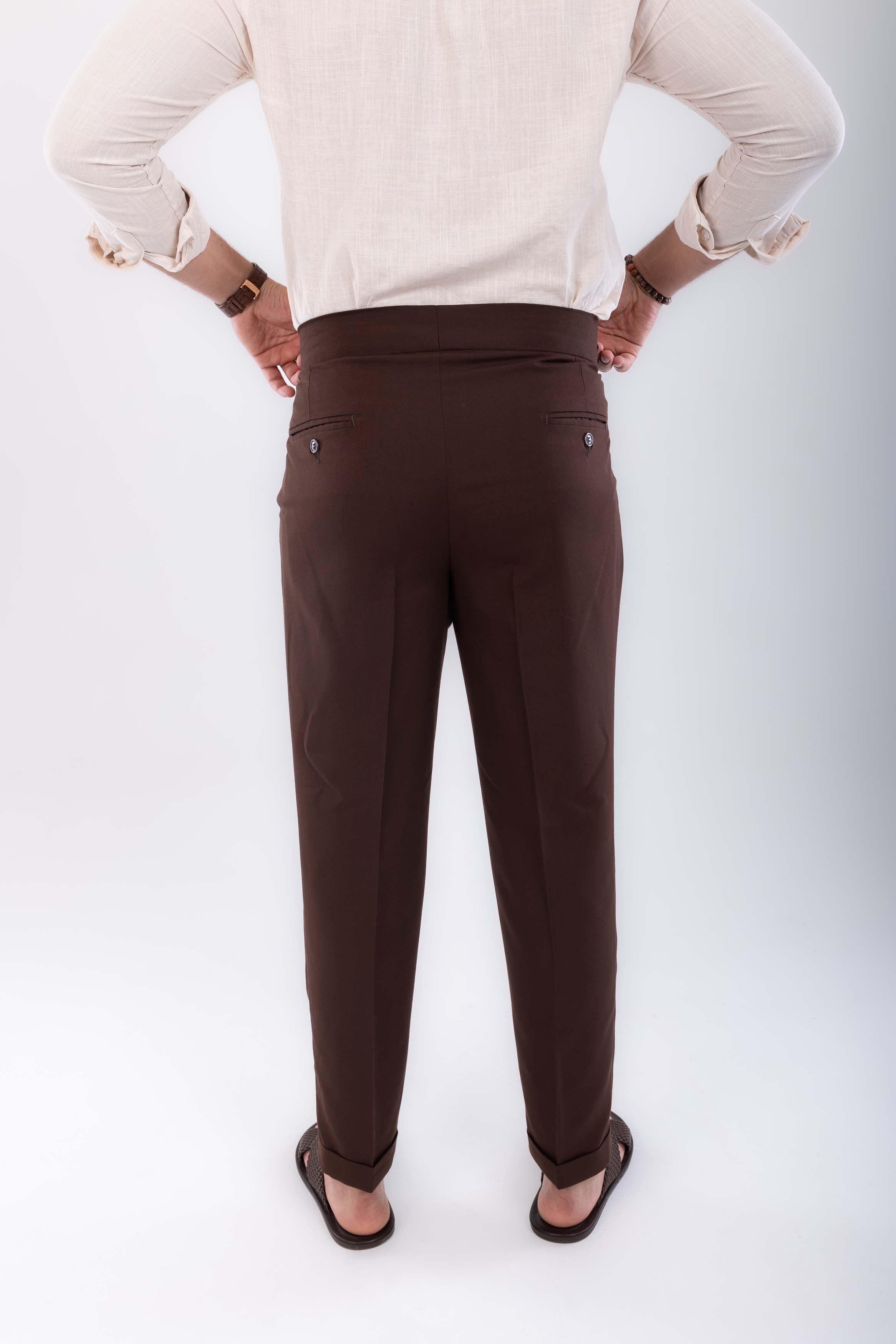 Linen one side hight waist Gurkha trousers-Brown