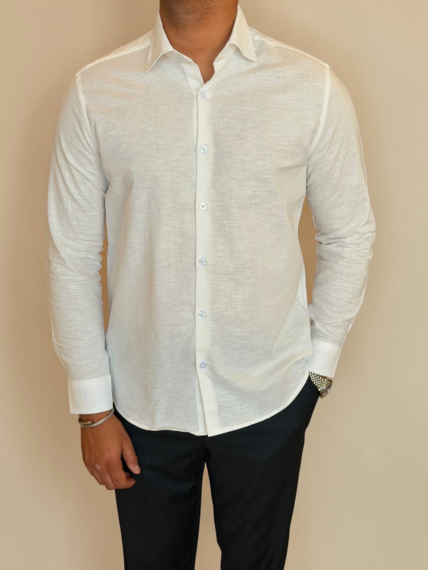 Spread collar pure linen chemise - Off white