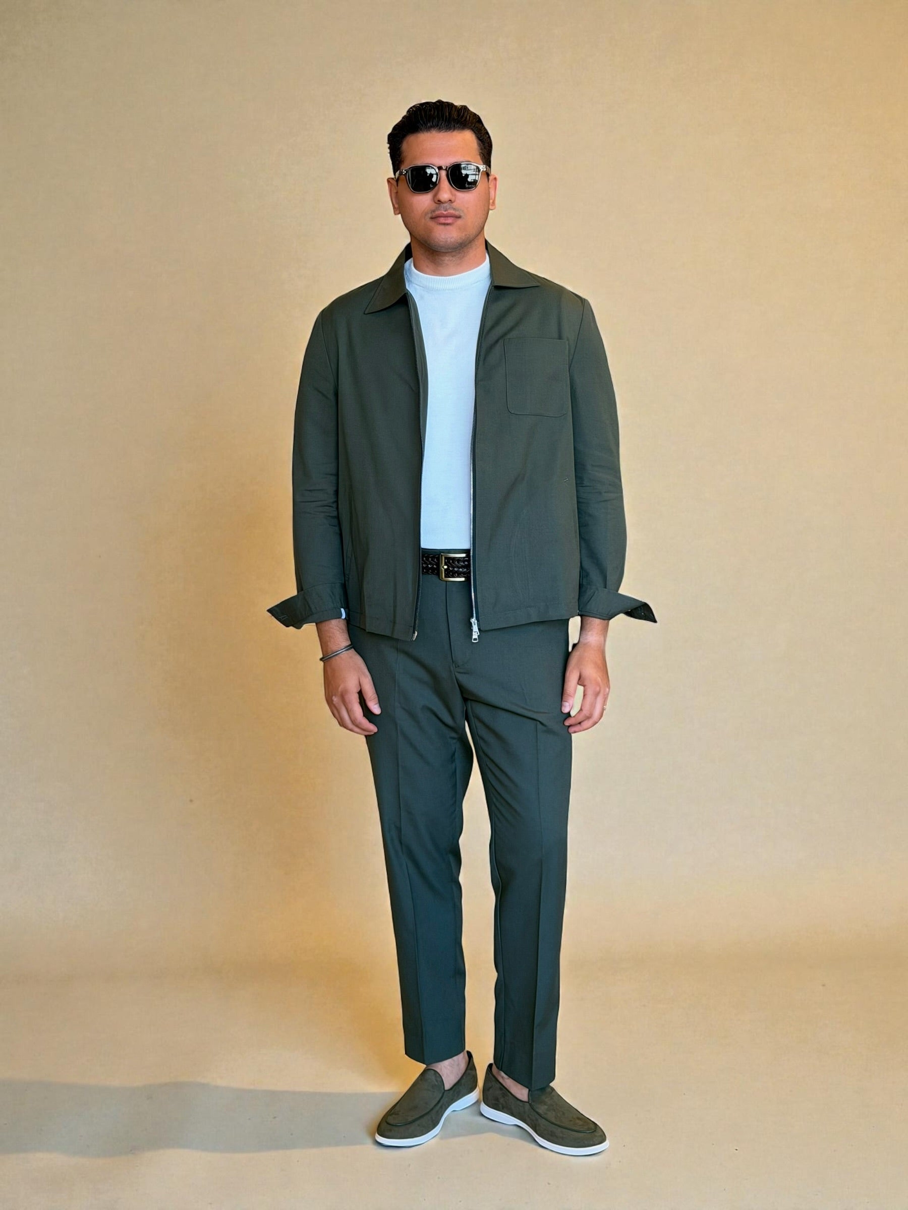 Dual zipper linen set - Olive
