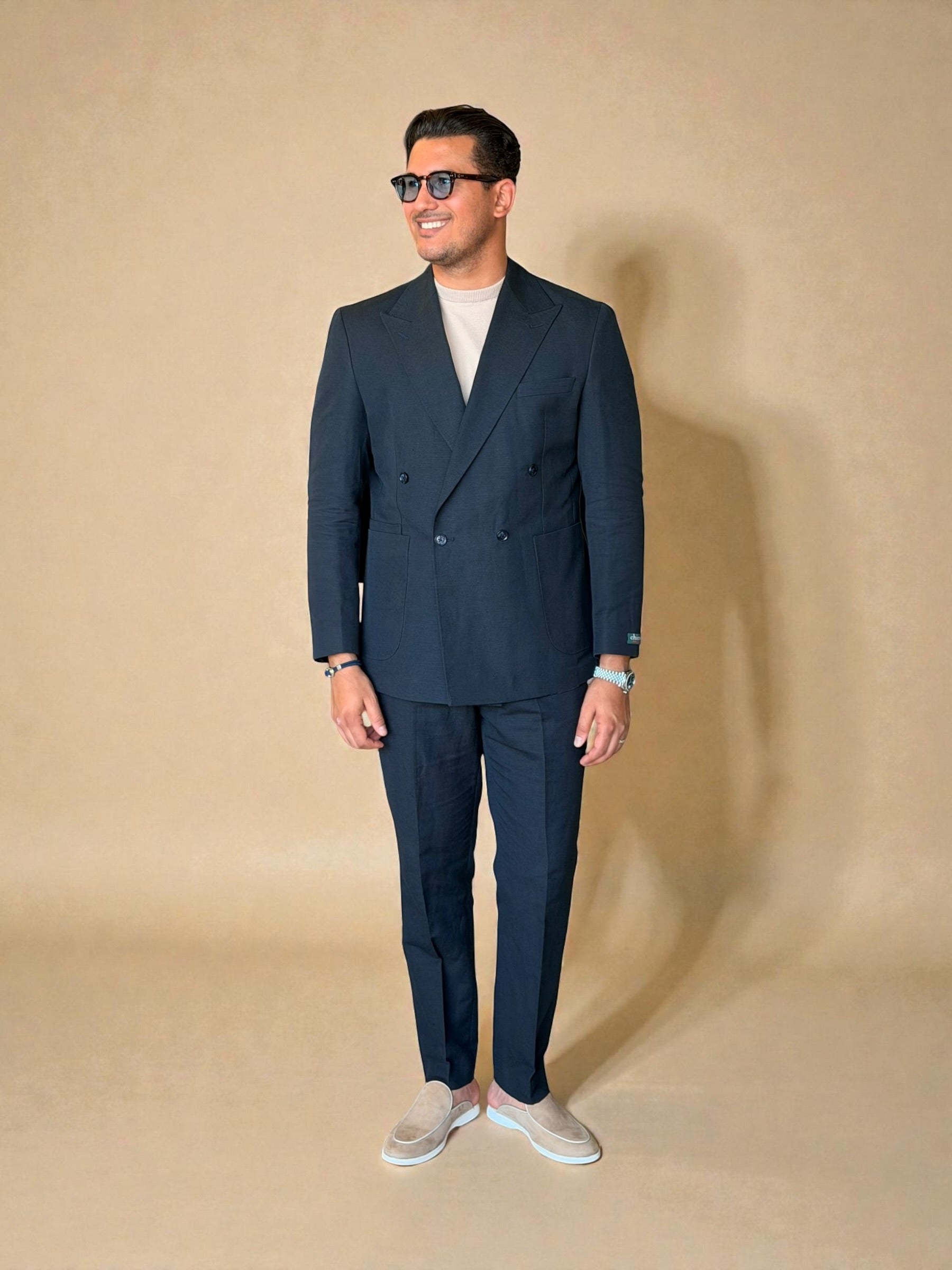 Pure linen Four button double breasted suit - Navy