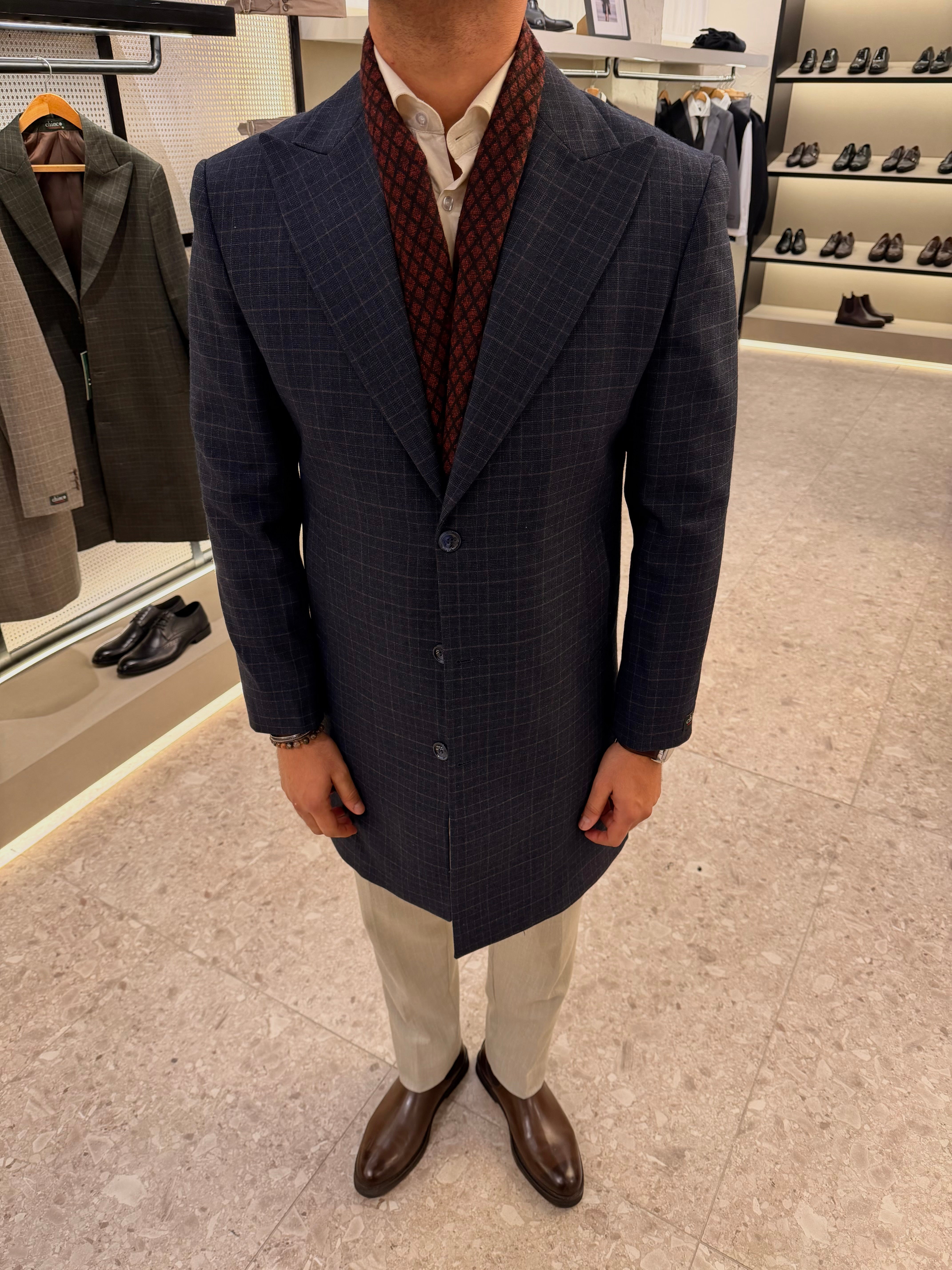 Wool blend checks coat - Navy