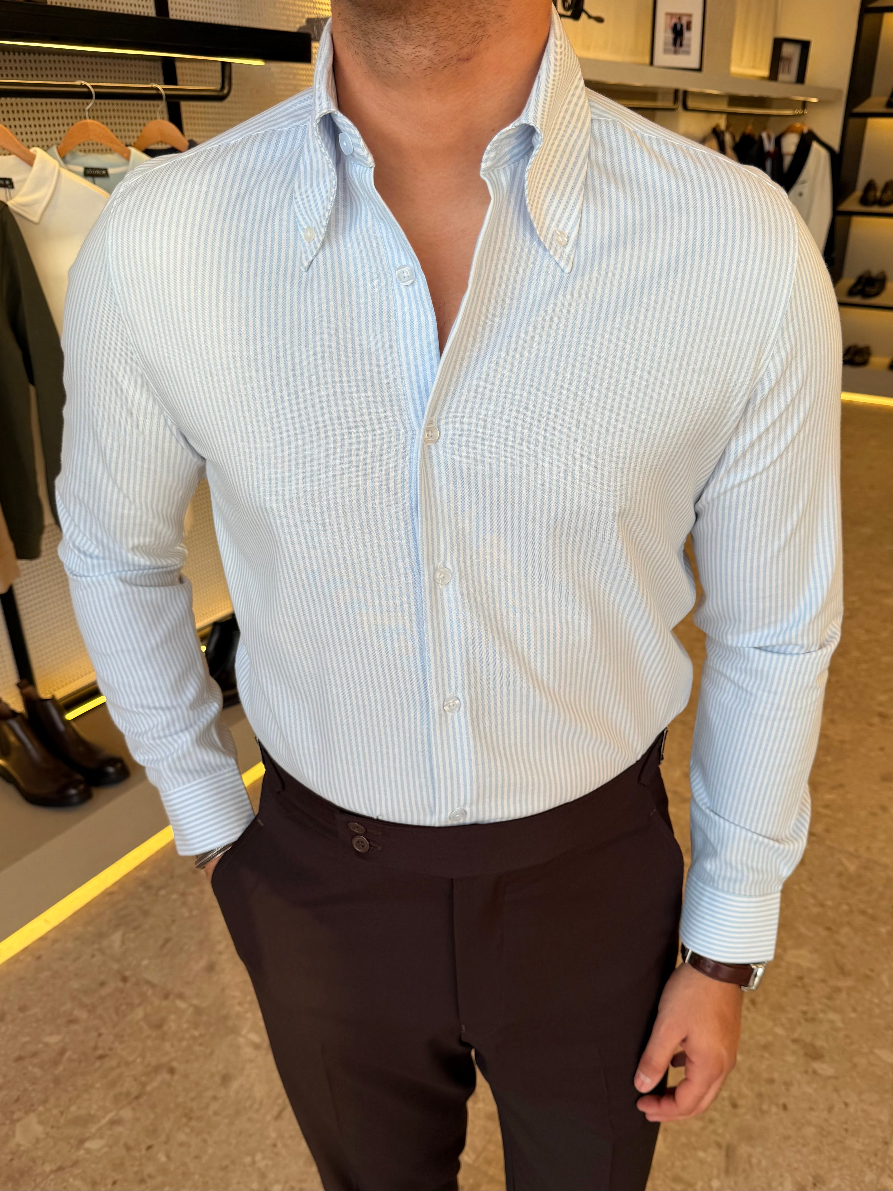 Button-Down Collar cotton Shirt – Baby blue striped