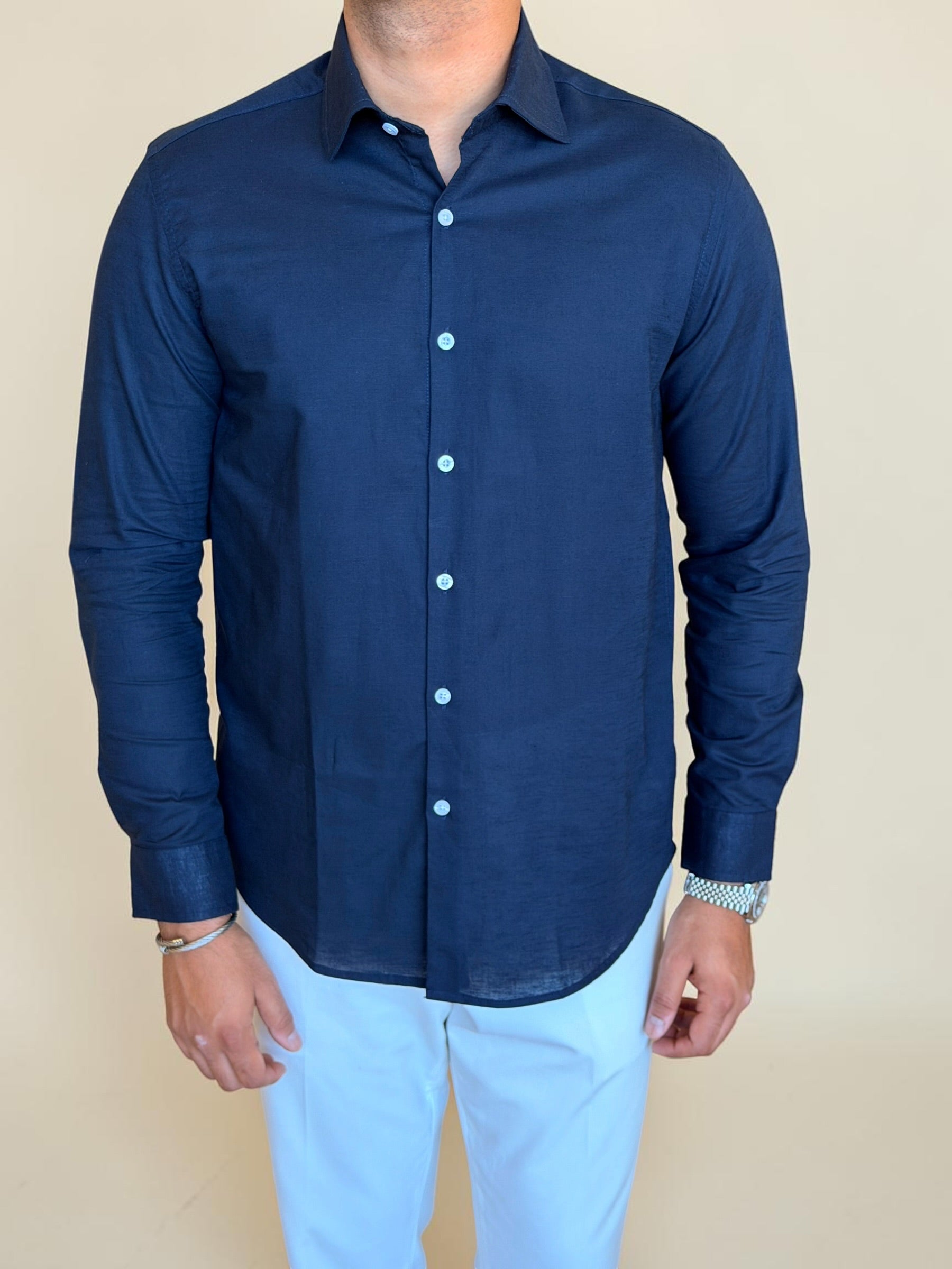 Spread collar pure linen chemise - Navy