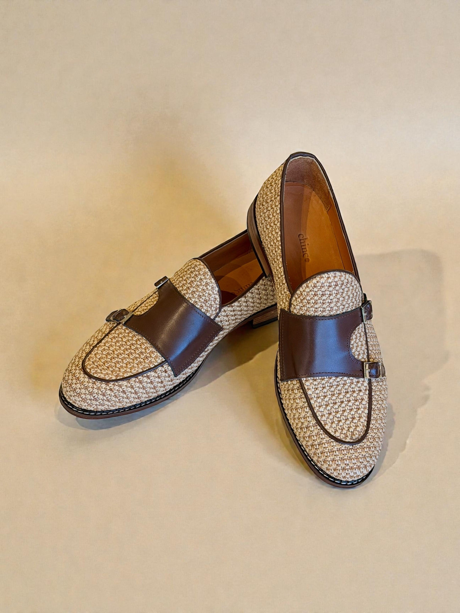 Handwoven double monk loafers - Beige