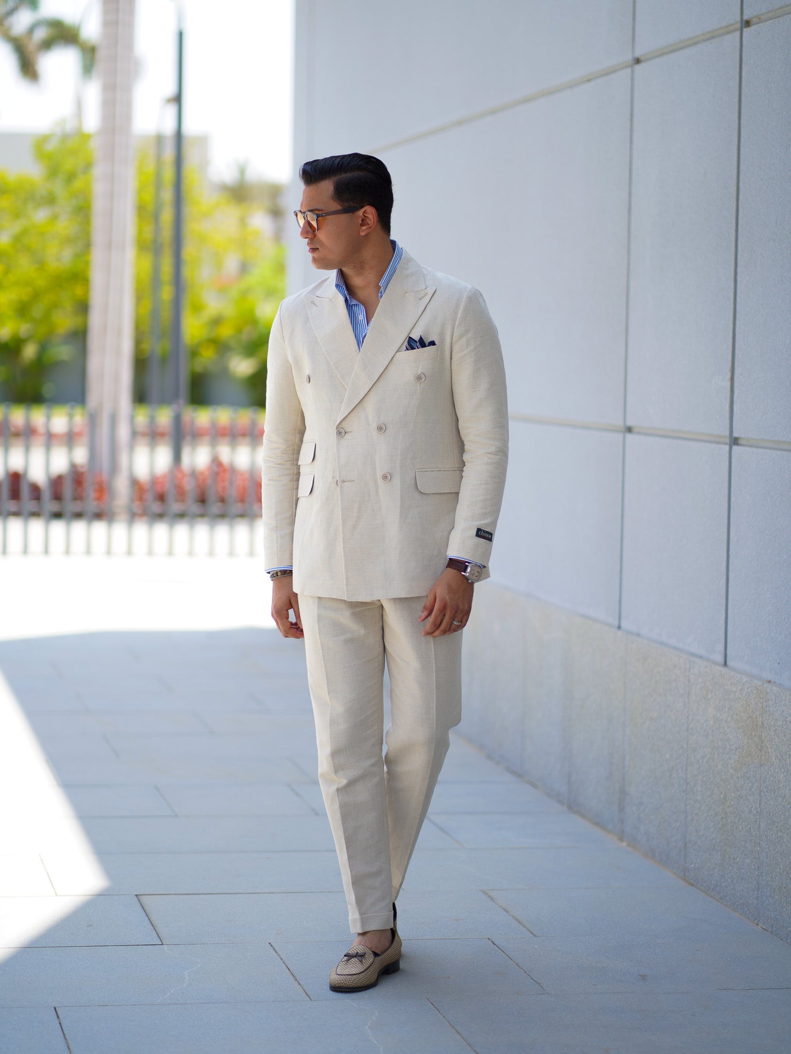 Pure linen double breasted suit - beige