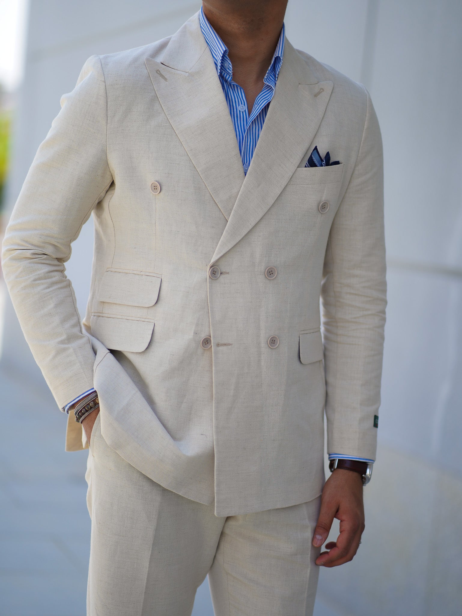 Pure linen double breasted suit - beige