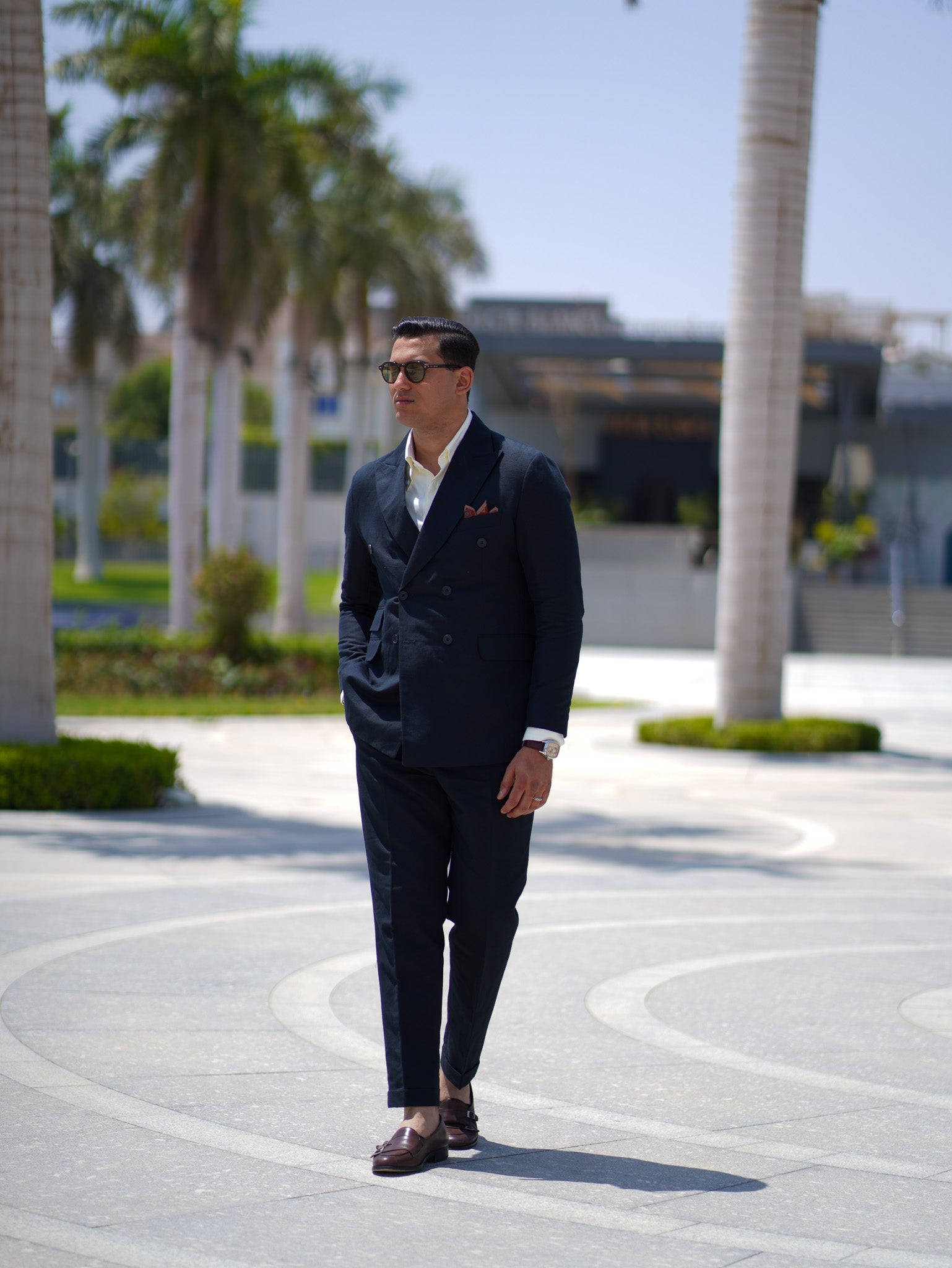 Pure linen double breasted suit - navy