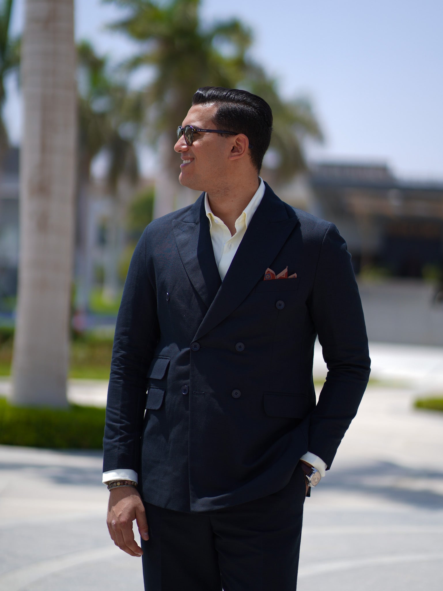 Pure linen double breasted suit - navy