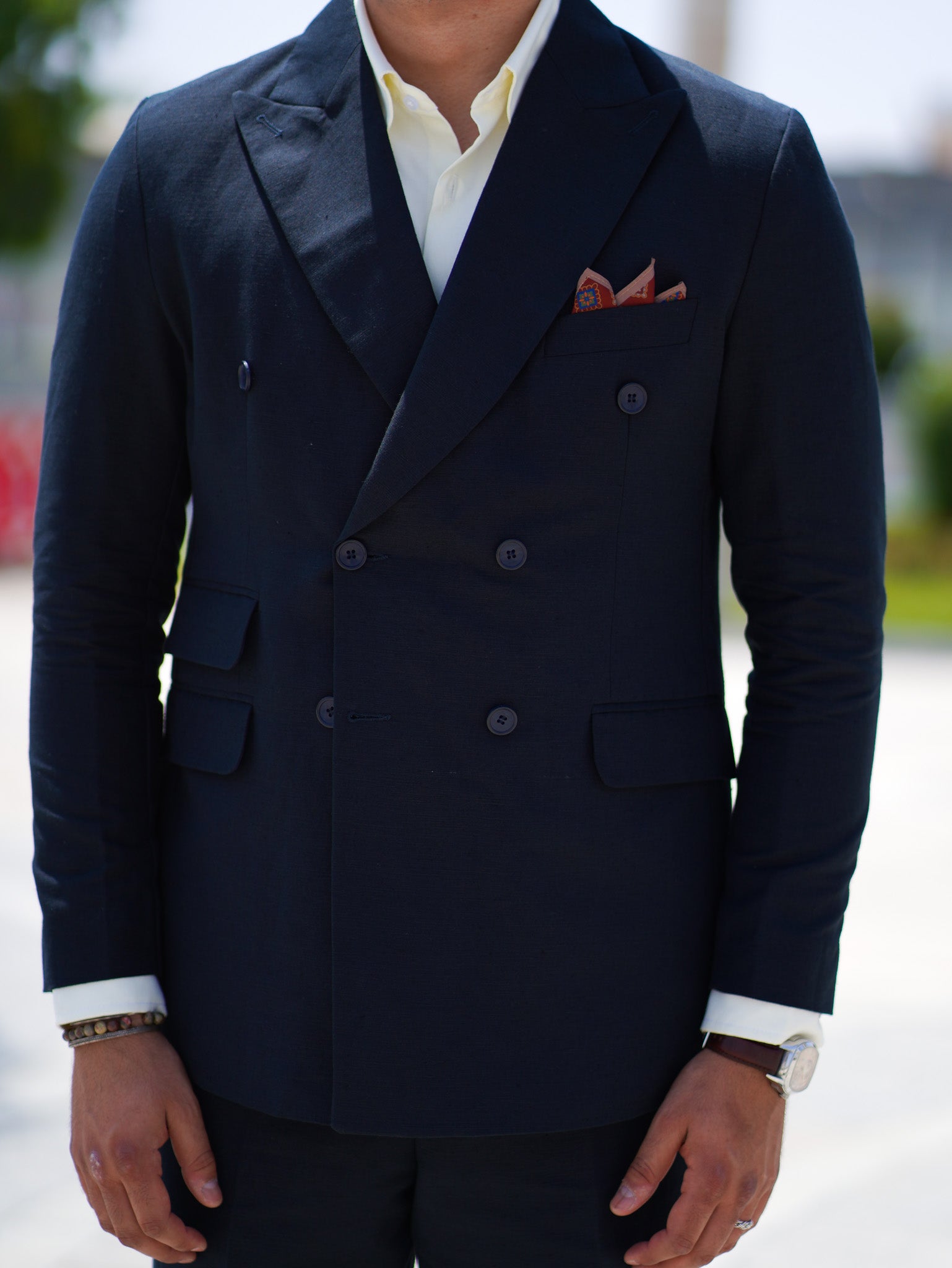 Pure linen double breasted suit - navy