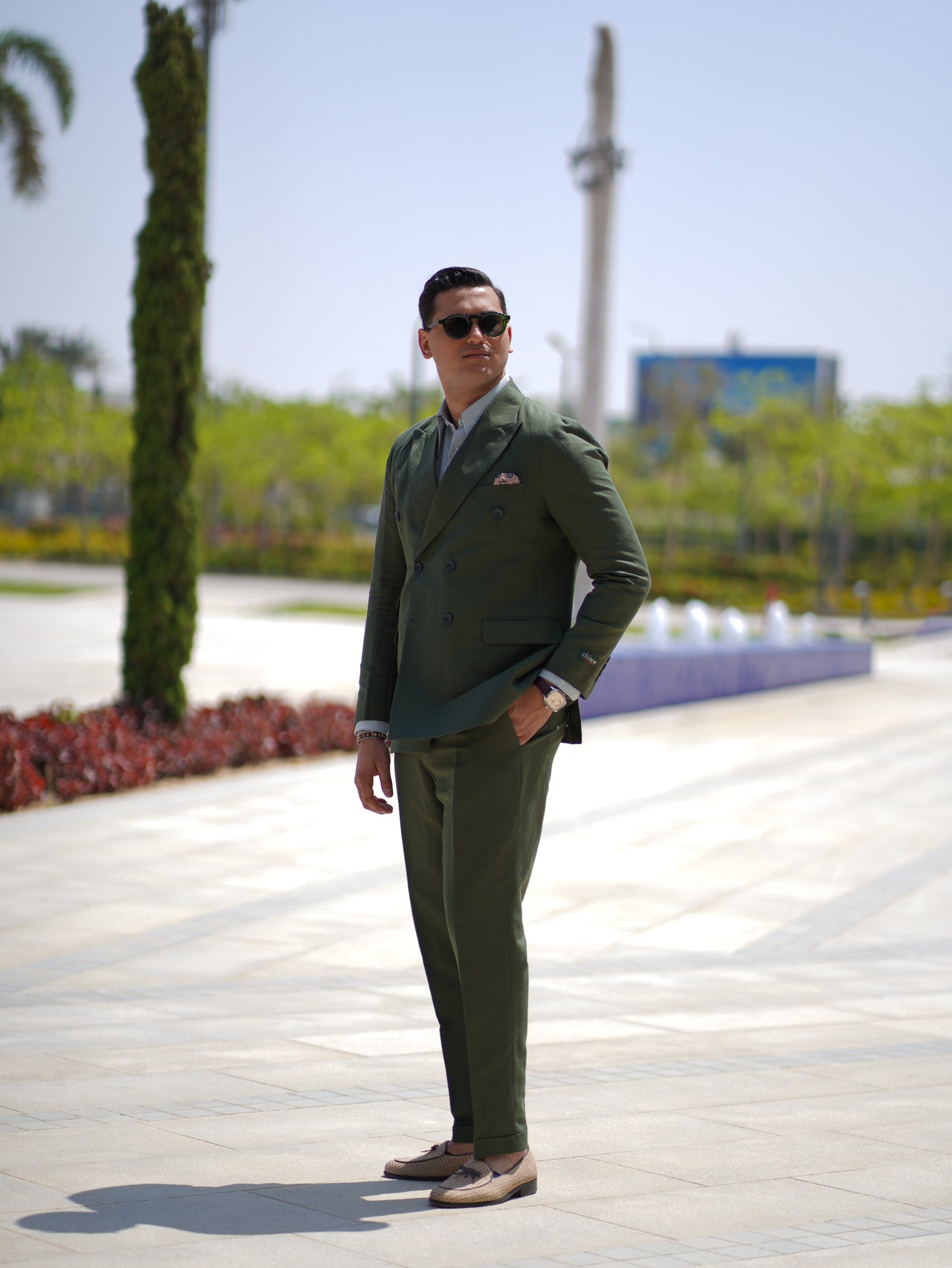Pure linen double breasted suit - olive