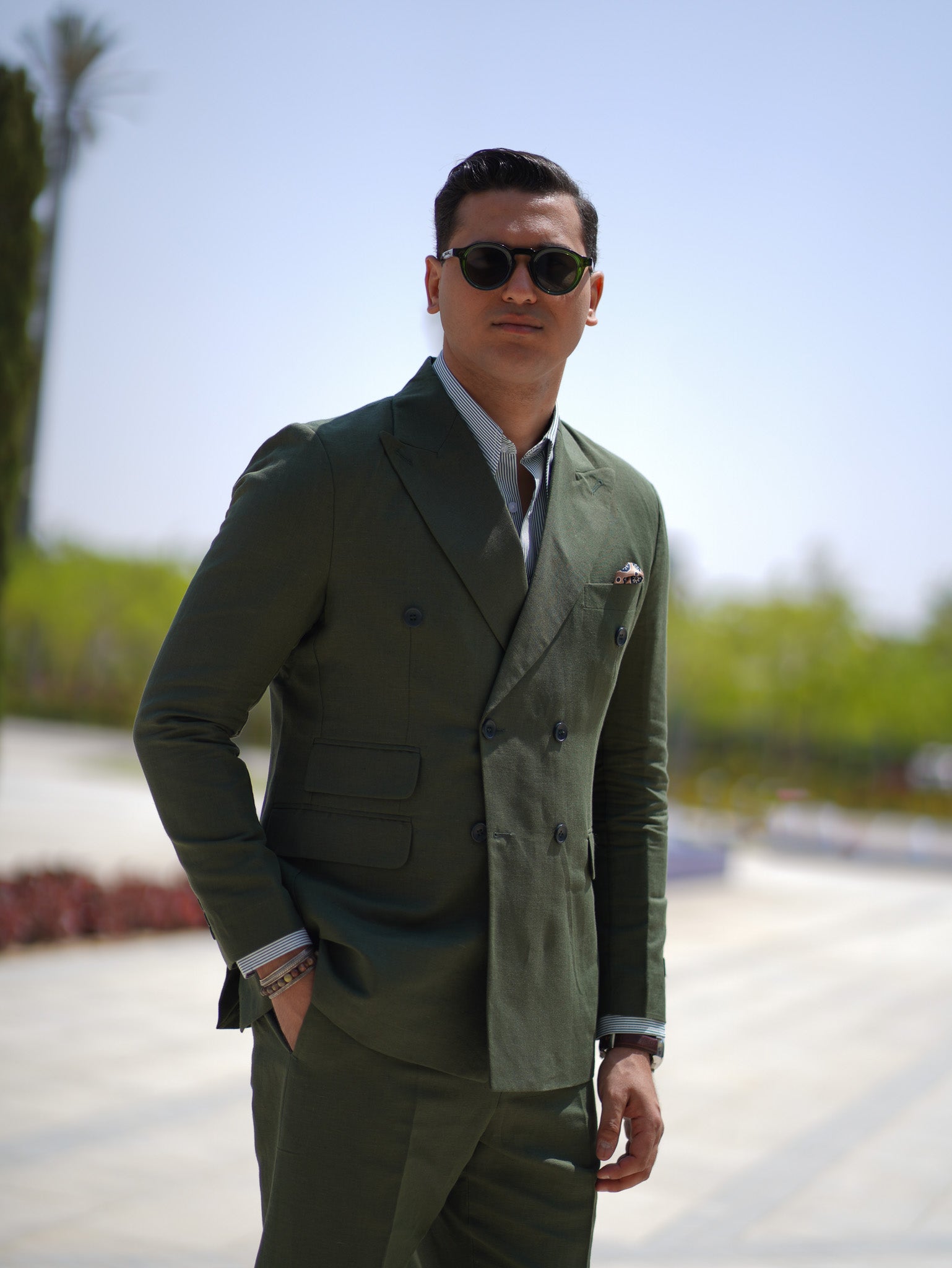 Pure linen double breasted suit - olive