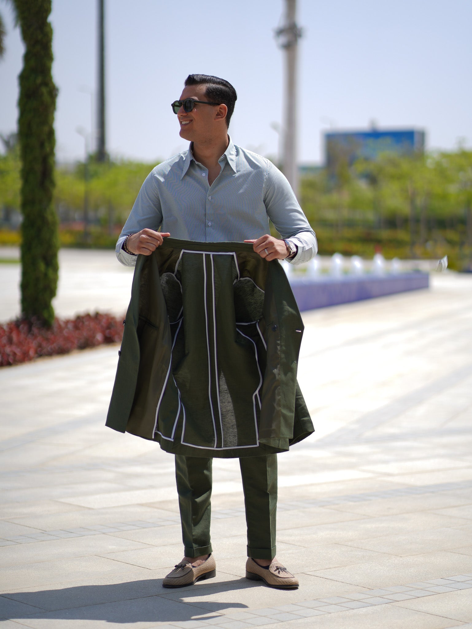 Pure linen double breasted suit - olive