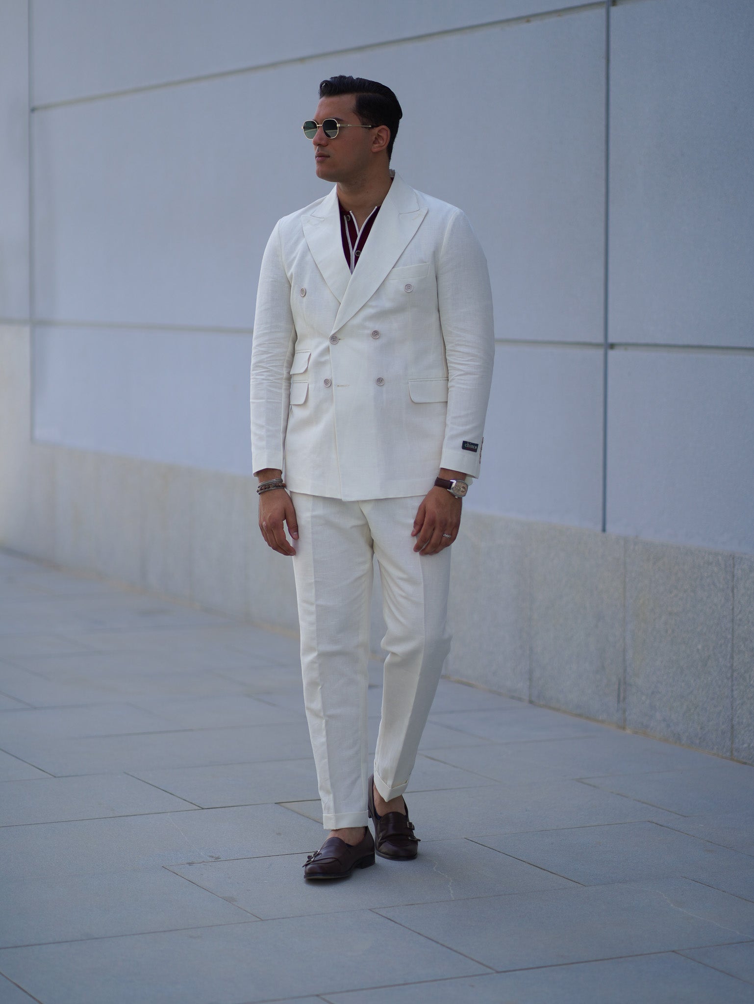 Pure linen double breasted suit - off white