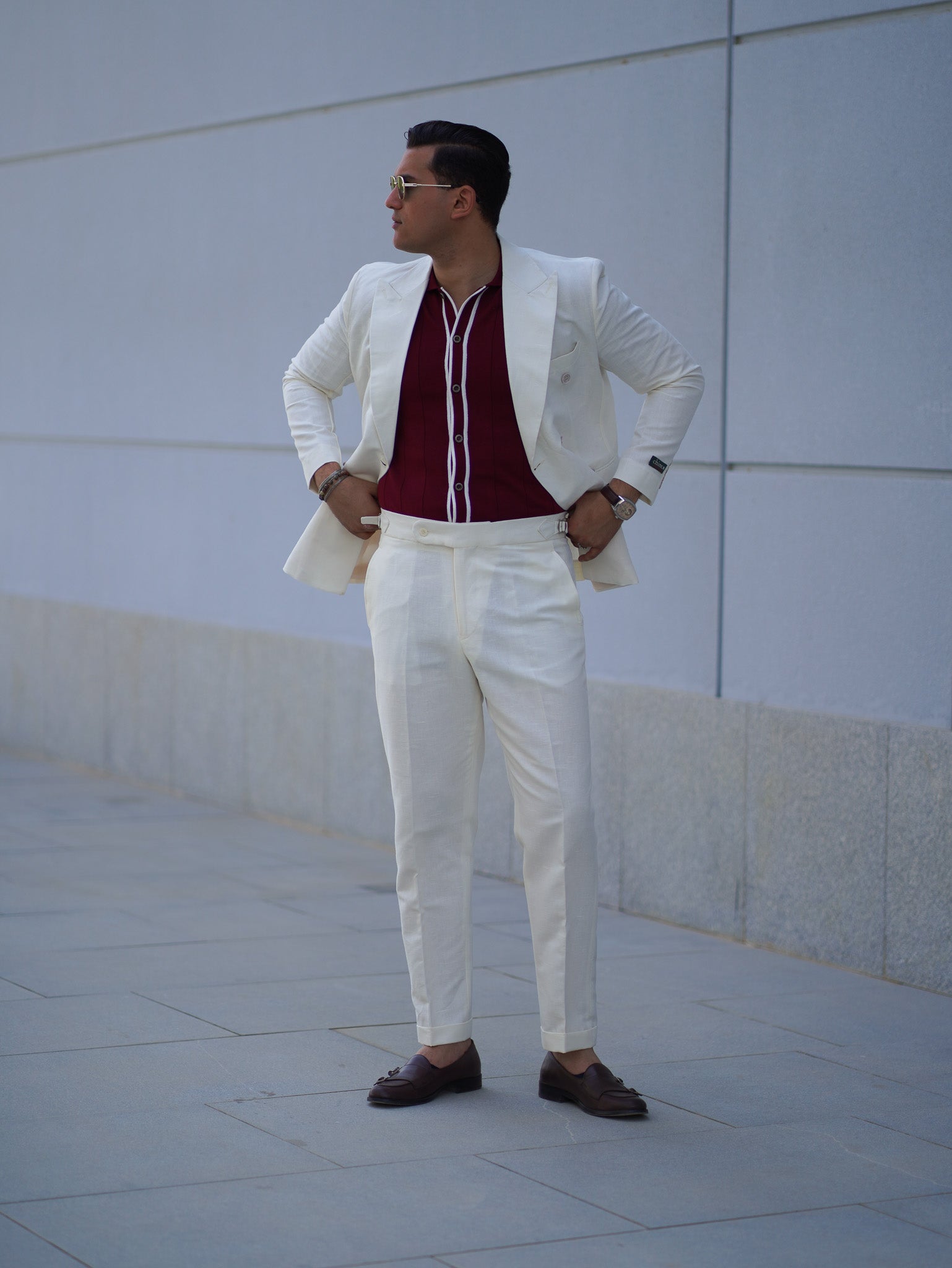 Pure linen double breasted suit - off white