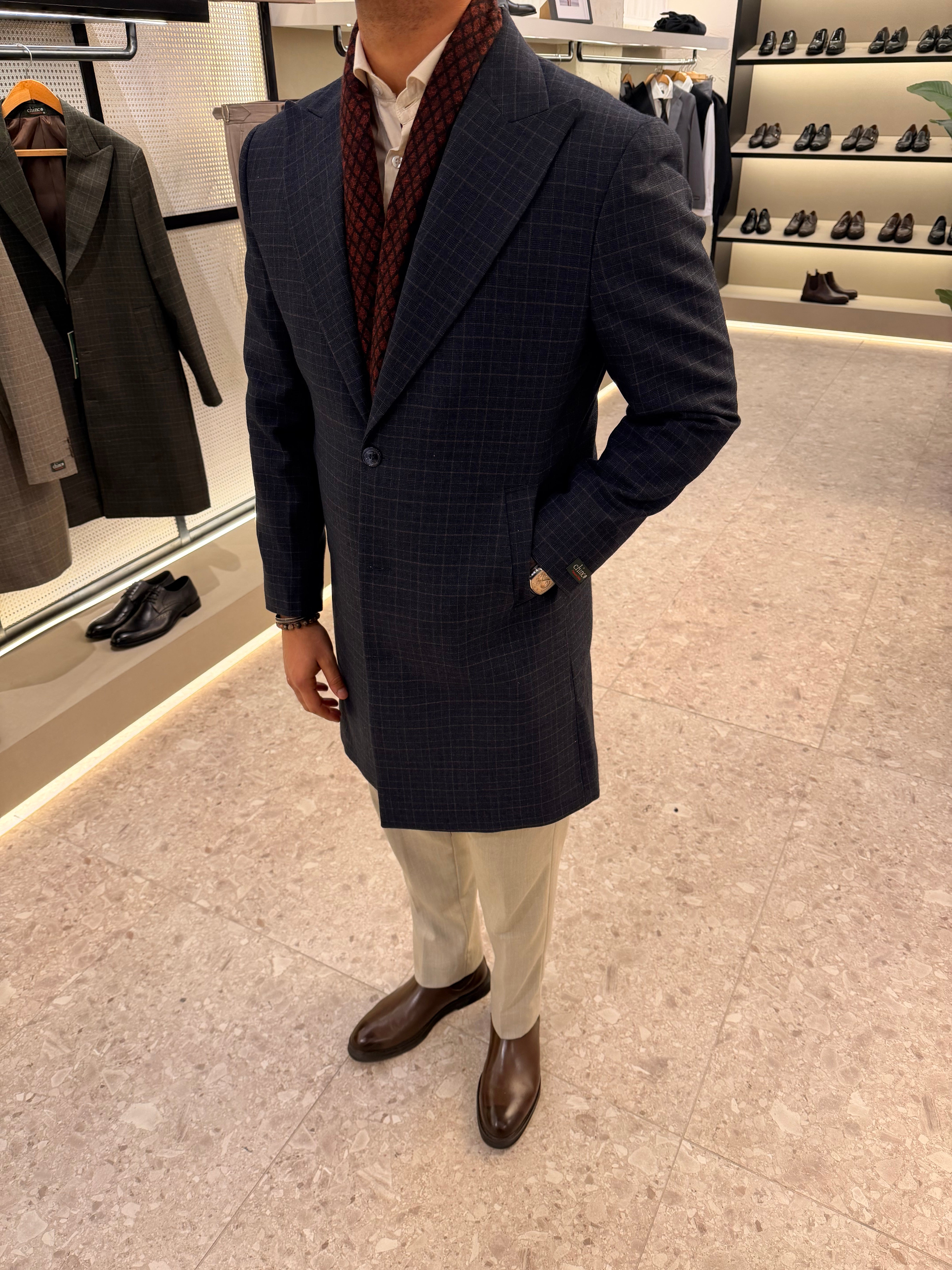 Wool blend checks coat - Navy