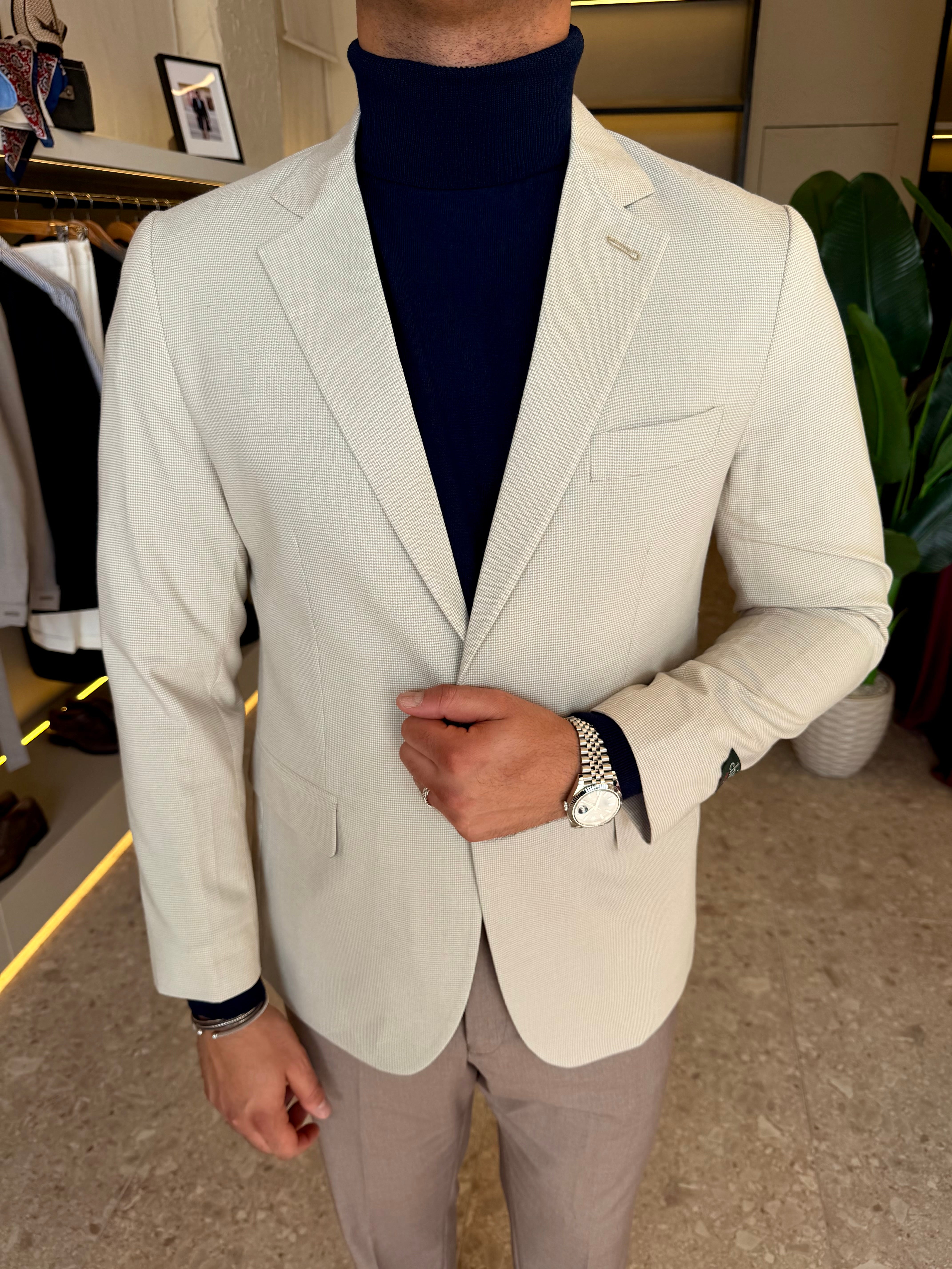 Houndstooth Tailored Blazer - Beige