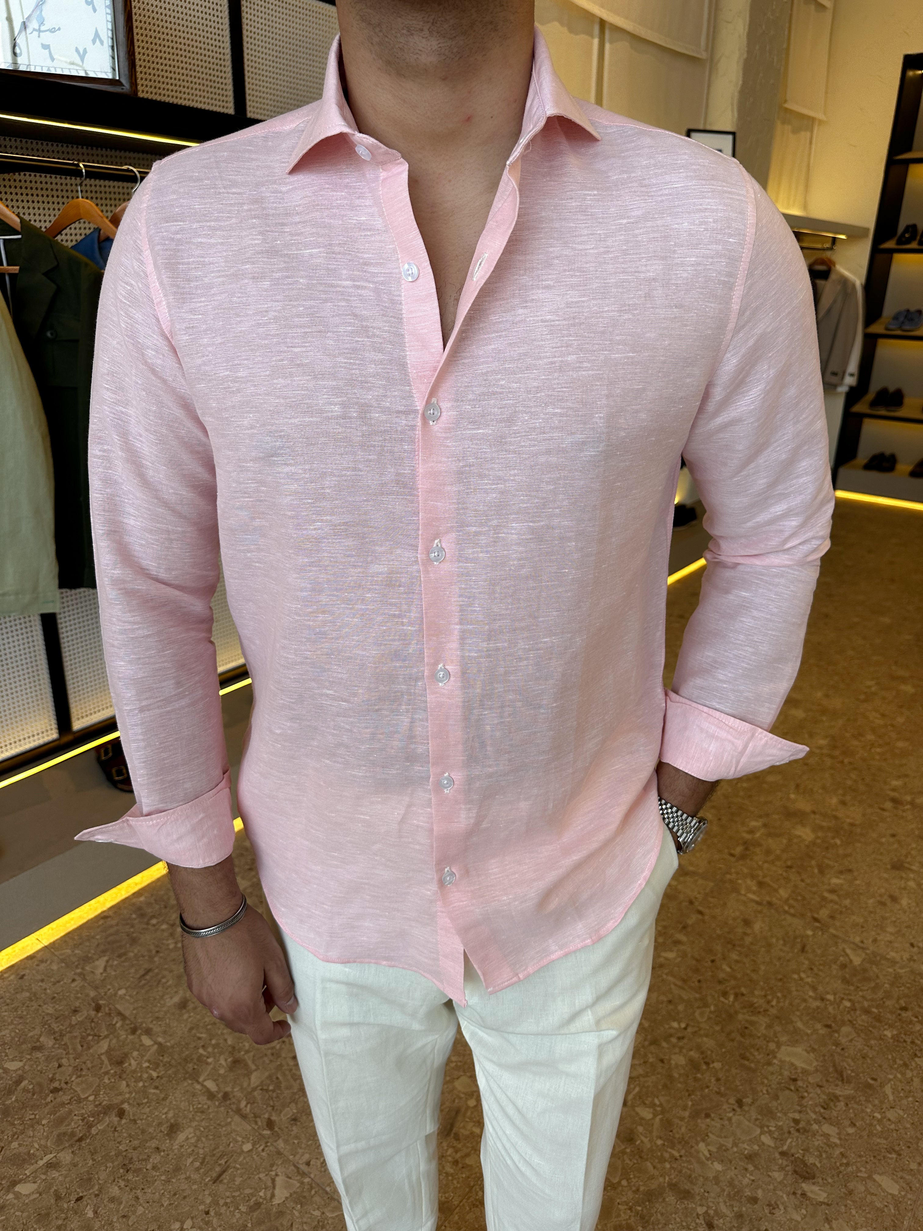 Spread collar pure linen chemise - pink