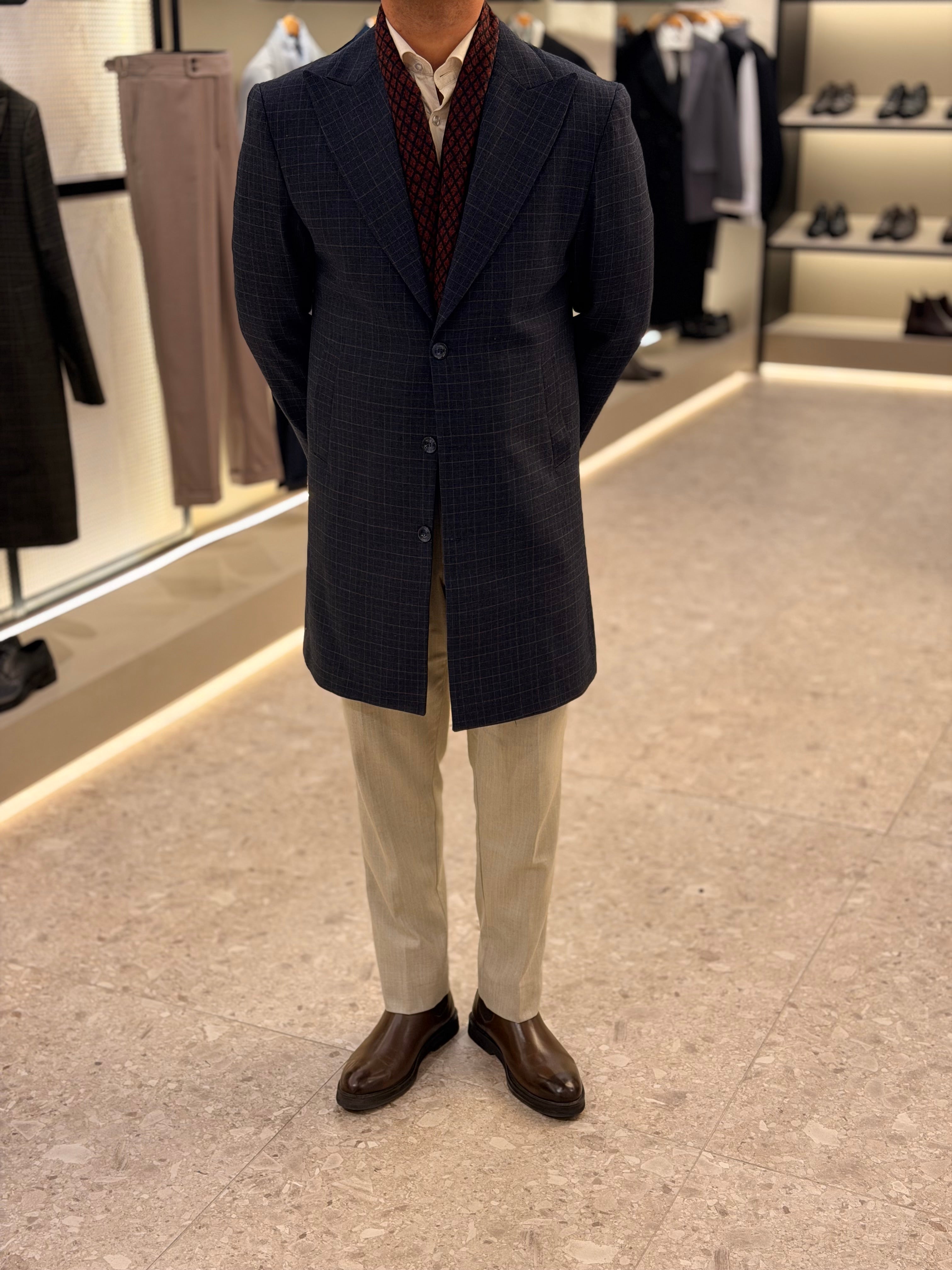 Wool blend checks coat - Navy