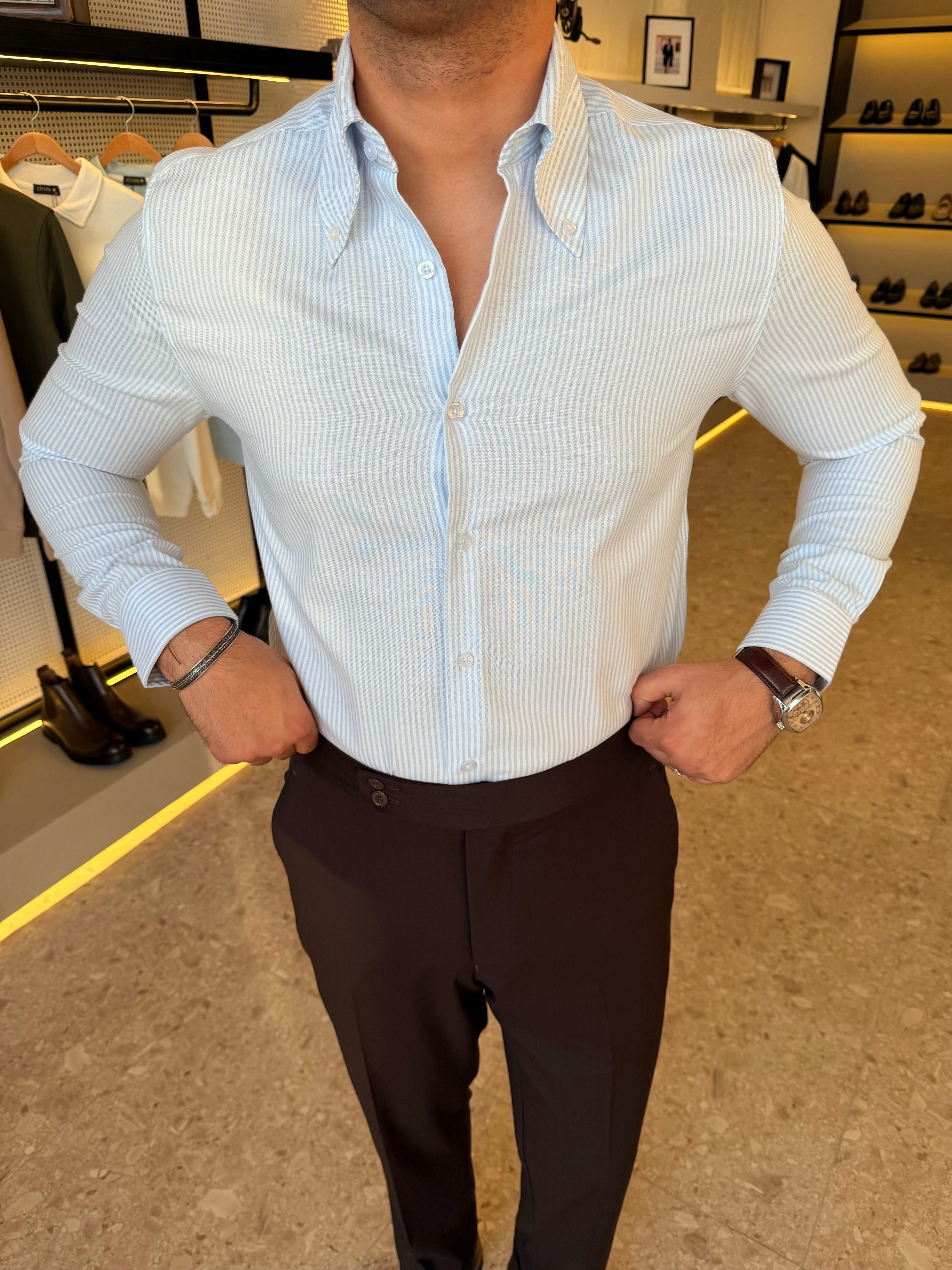 Button-Down Collar cotton Shirt – Baby blue striped