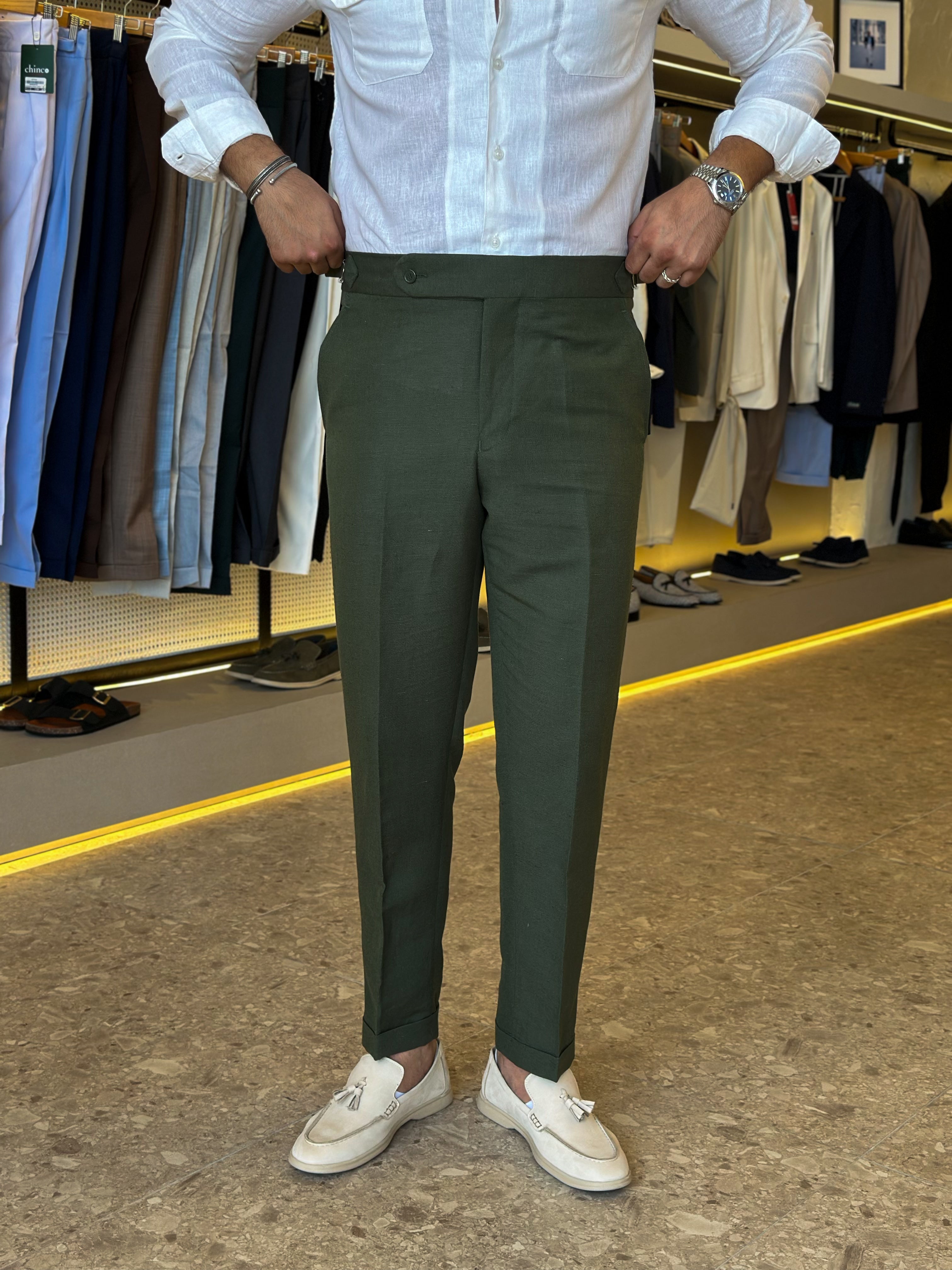 Chino hight waist pure linen trouser - olive
