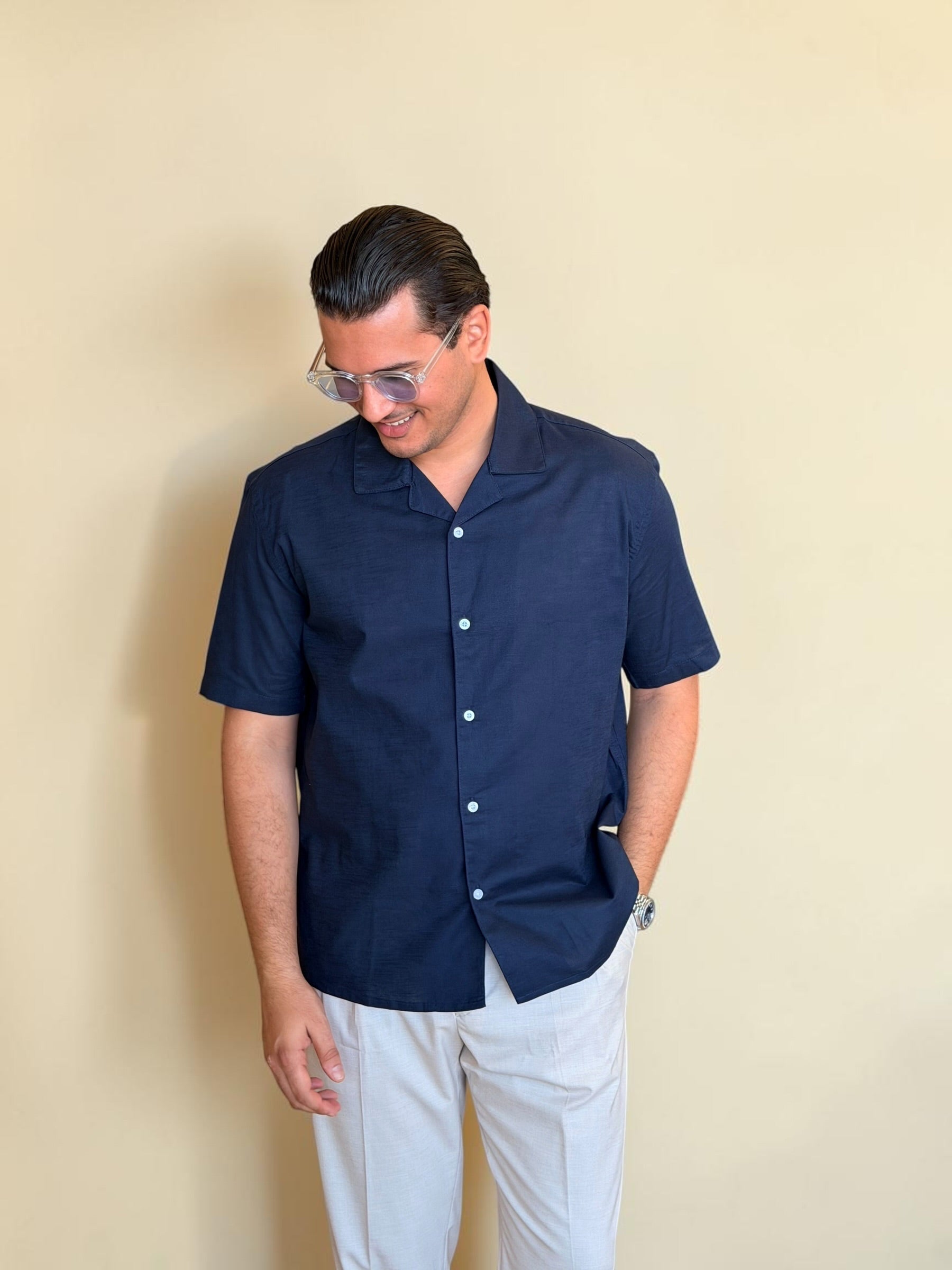 Linen Cuban Shirt - Navy