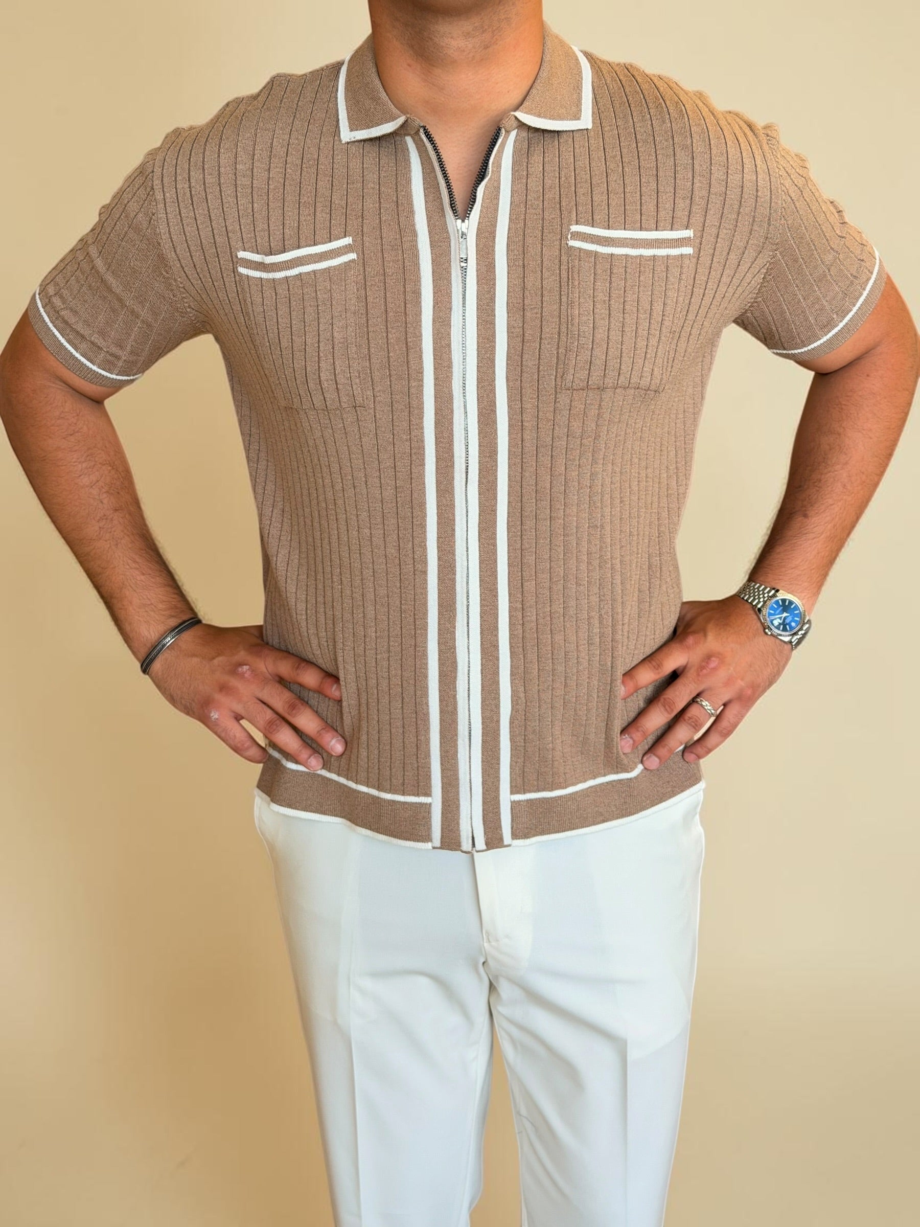 Zipper knitted polo - Beige