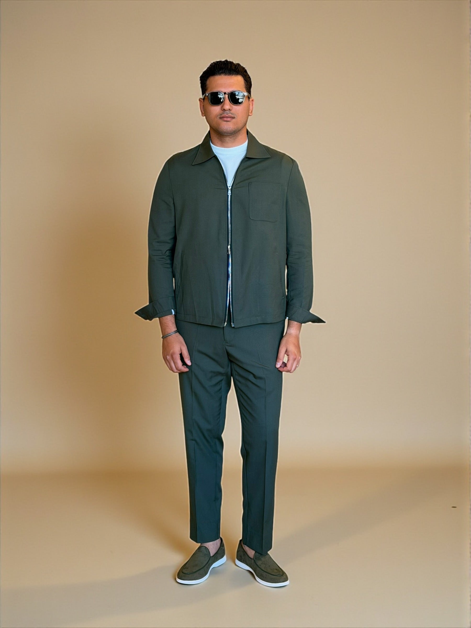Dual zipper linen set - Olive