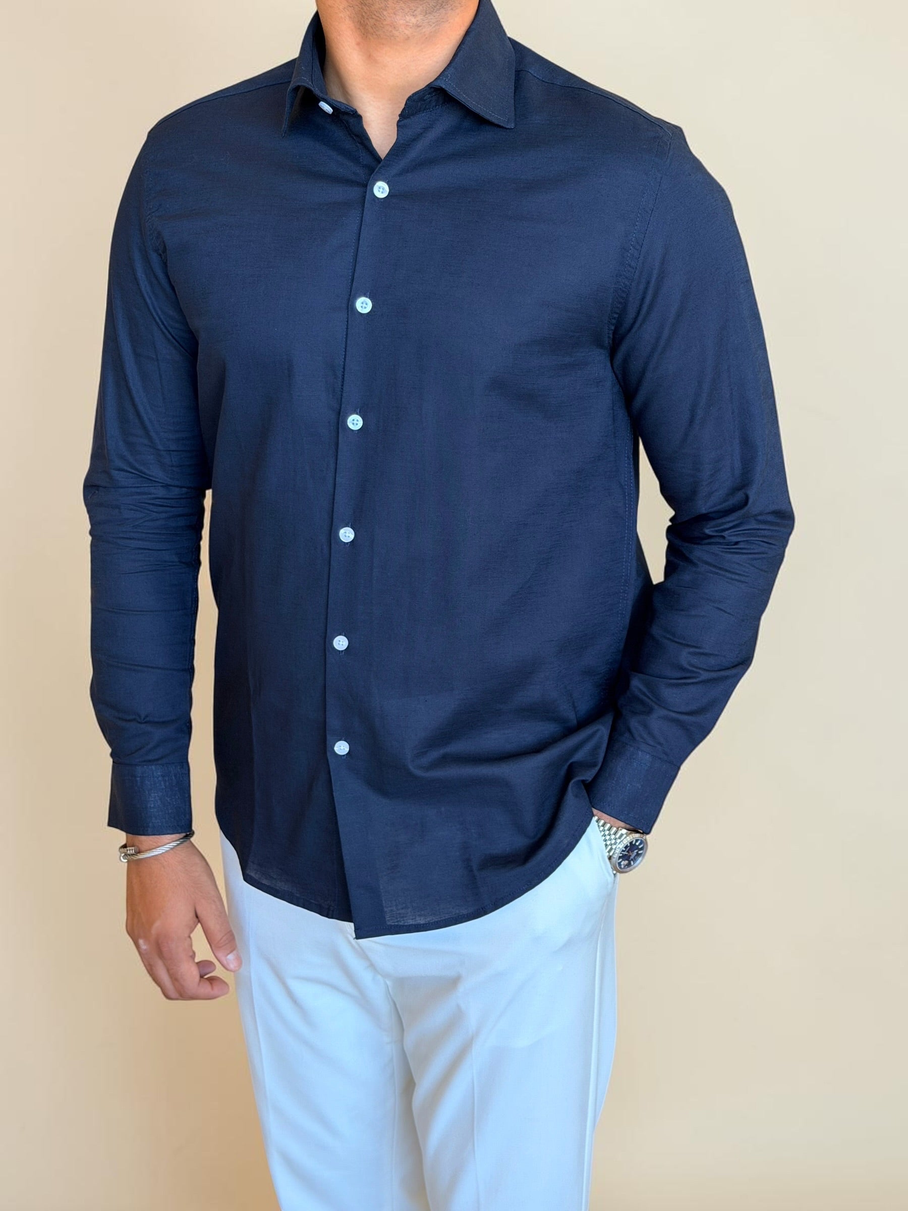 Spread collar pure linen chemise - Navy