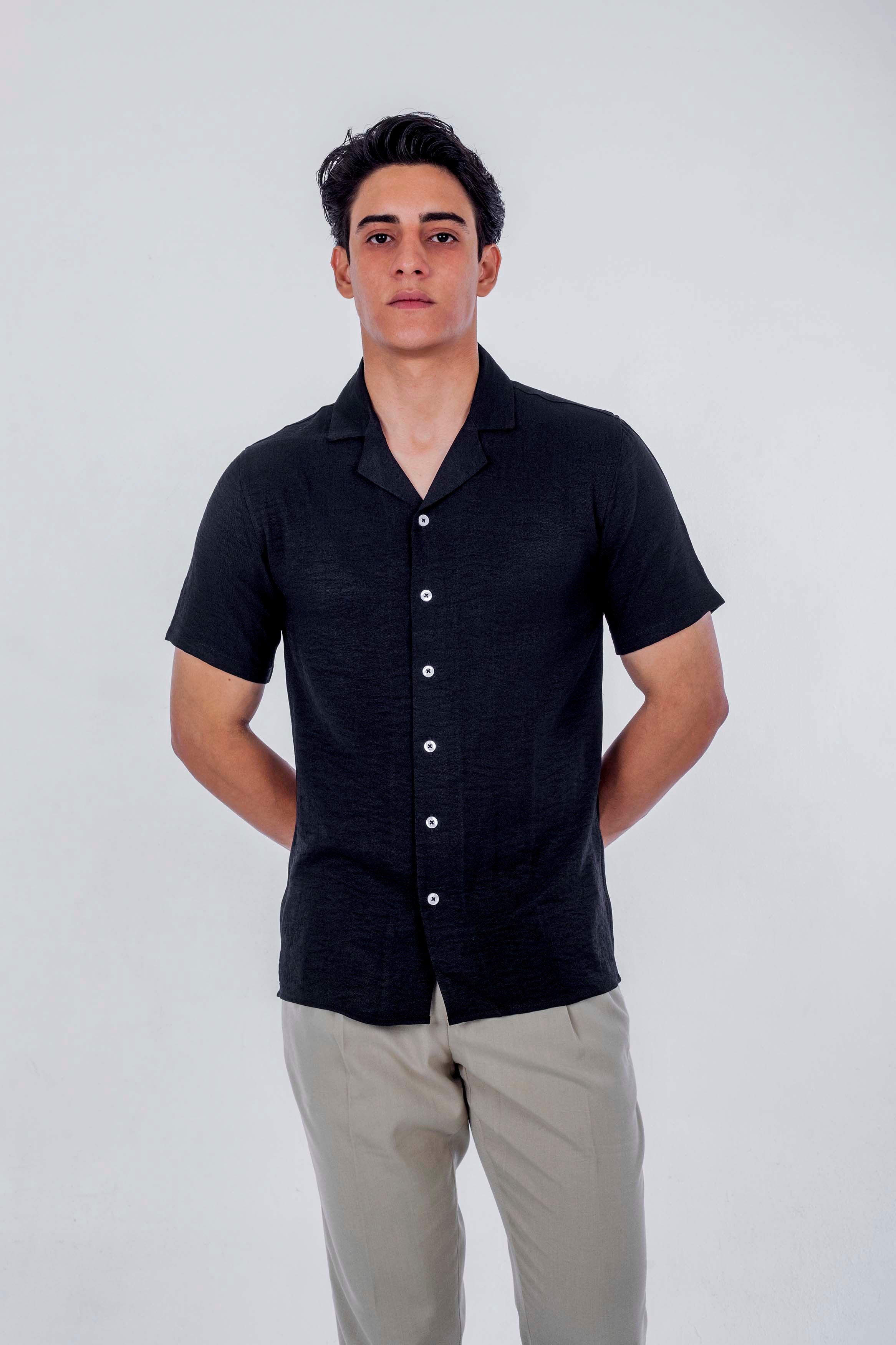 regular  fit camp  collar  linen sleeve short - Black