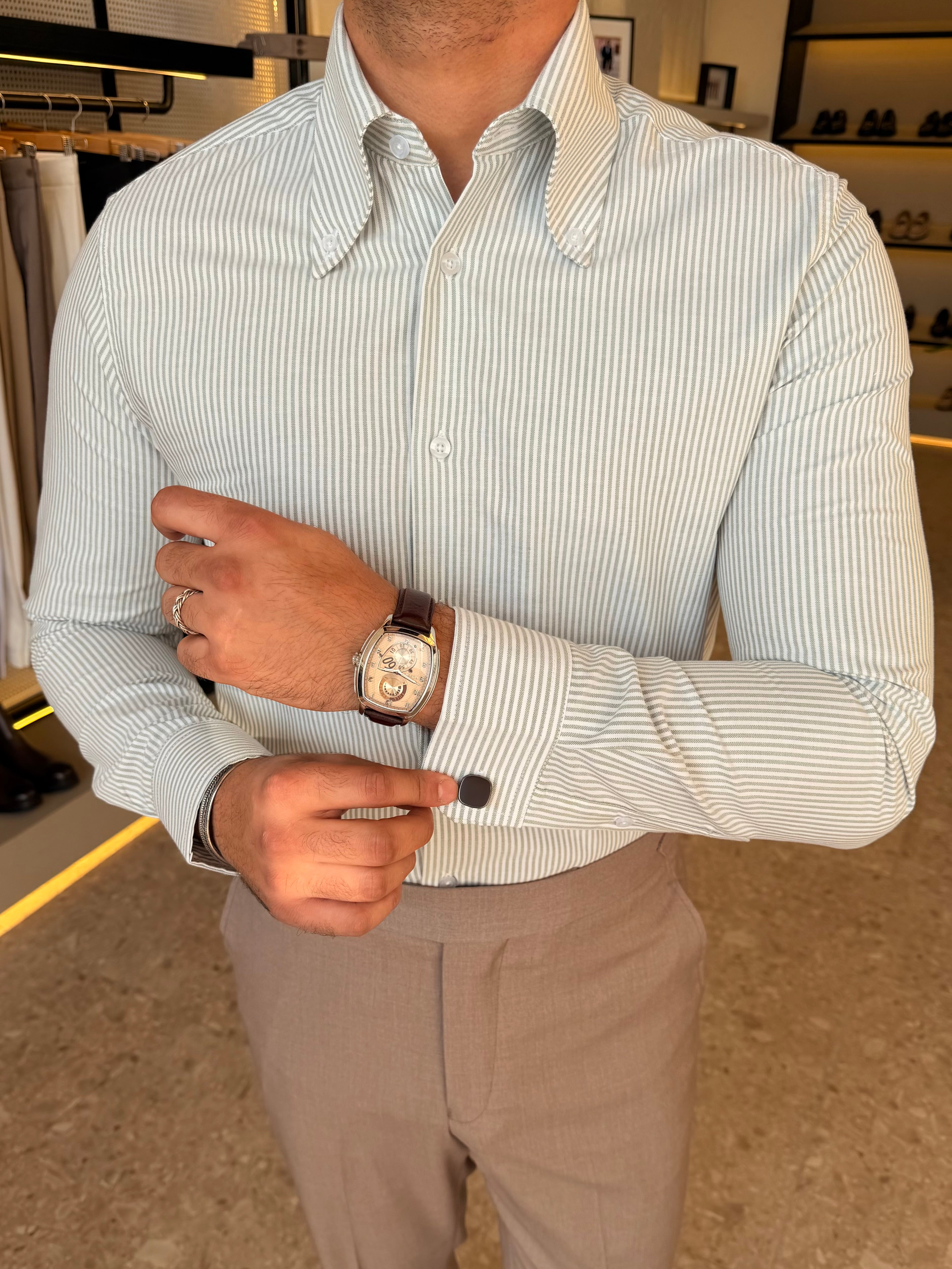 Button-Down Collar cotton Shirt – Green striped