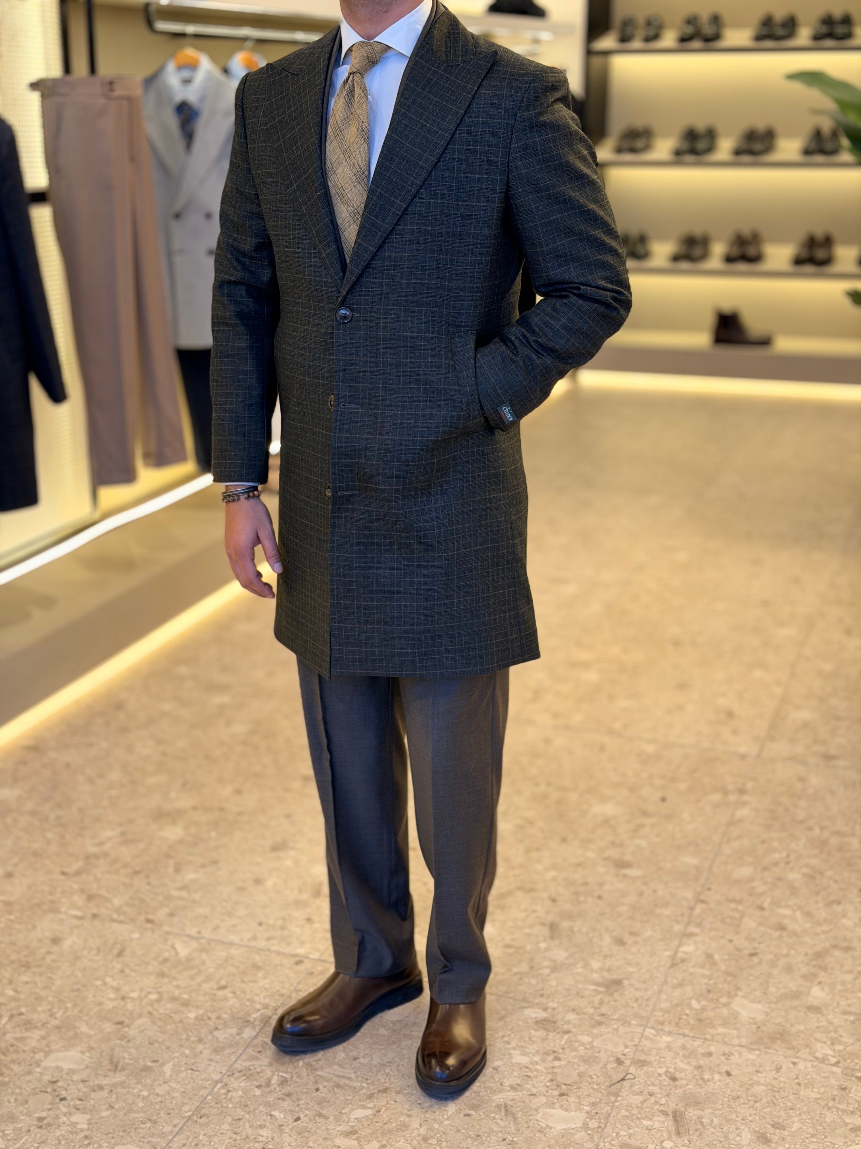 Wool blend checks coat - Olive