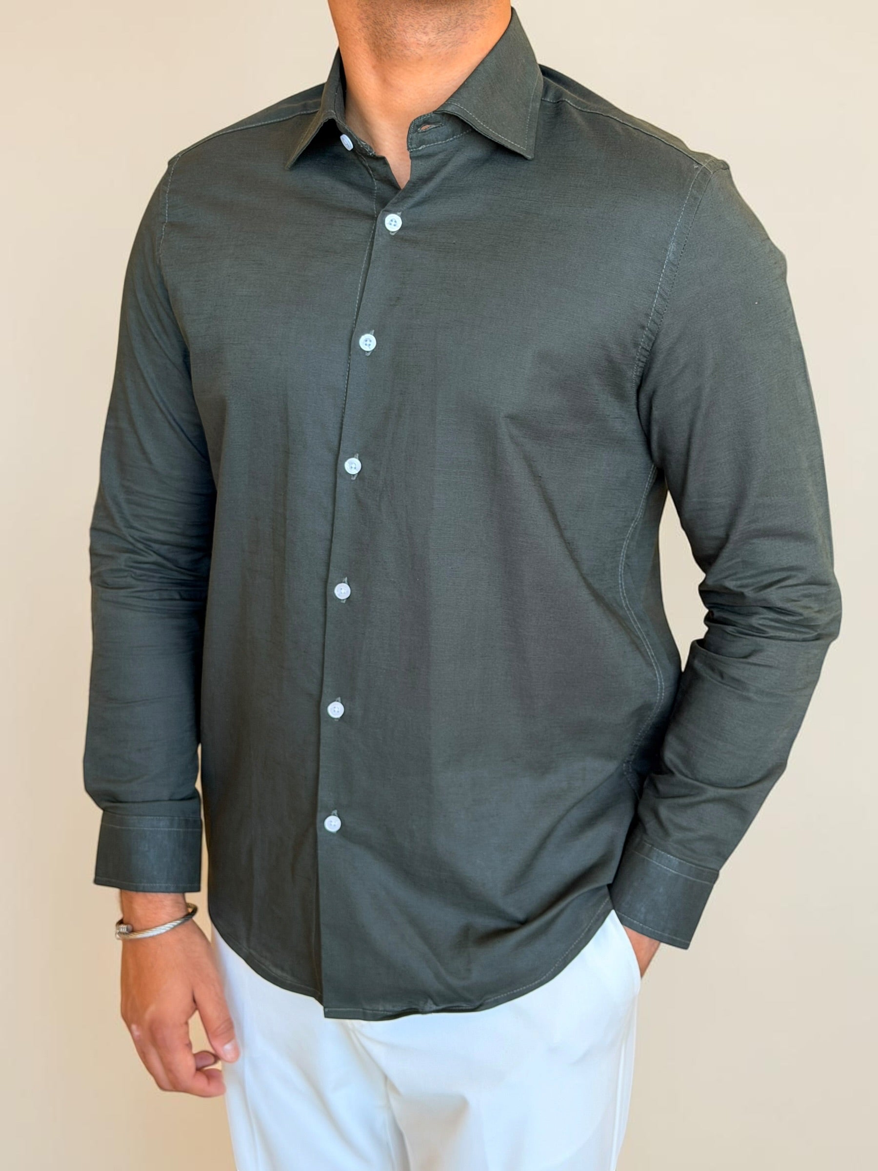 Spread collar pure linen chemise - Olive
