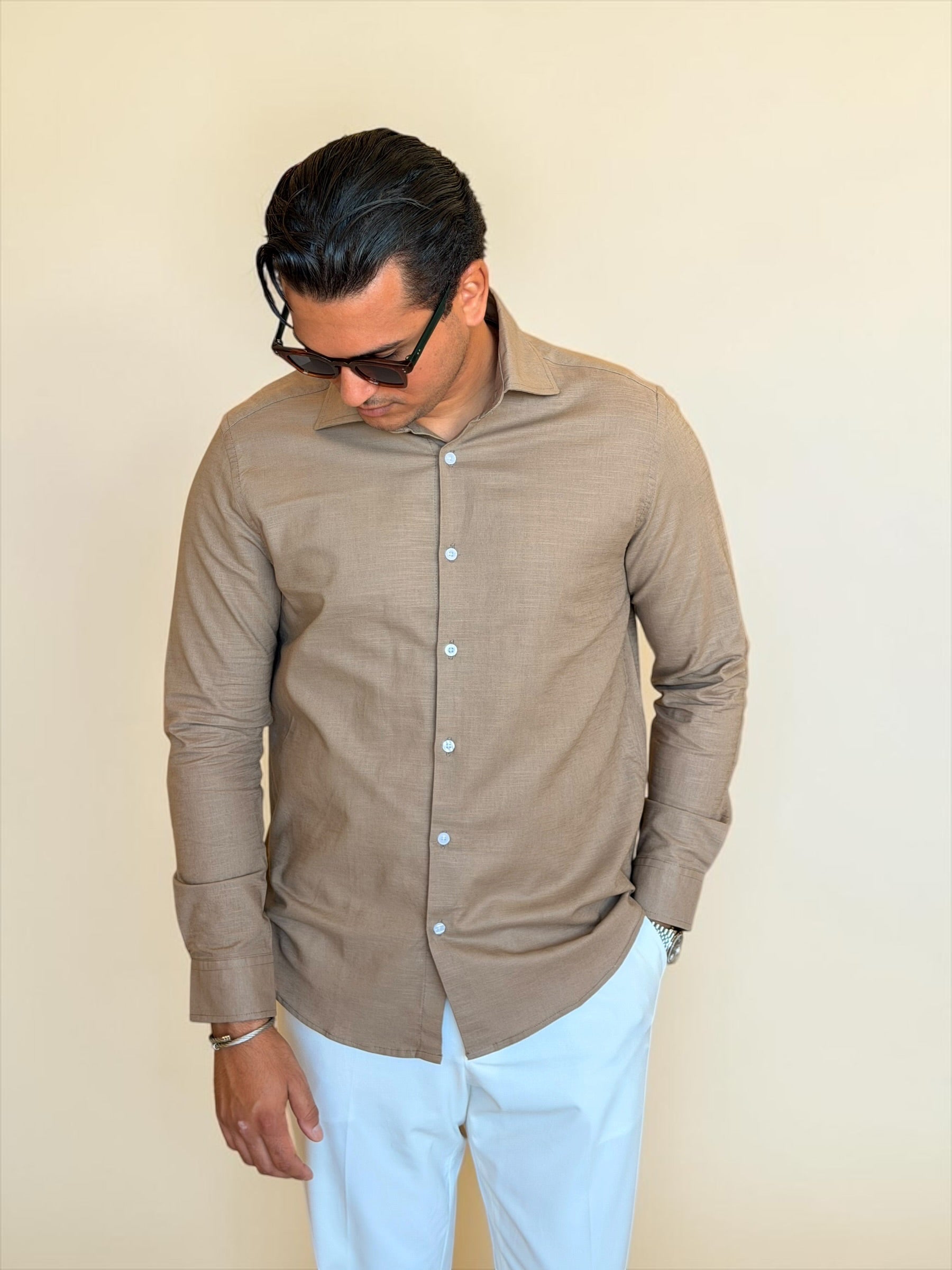 Spread collar pure linen chemise - Cacao