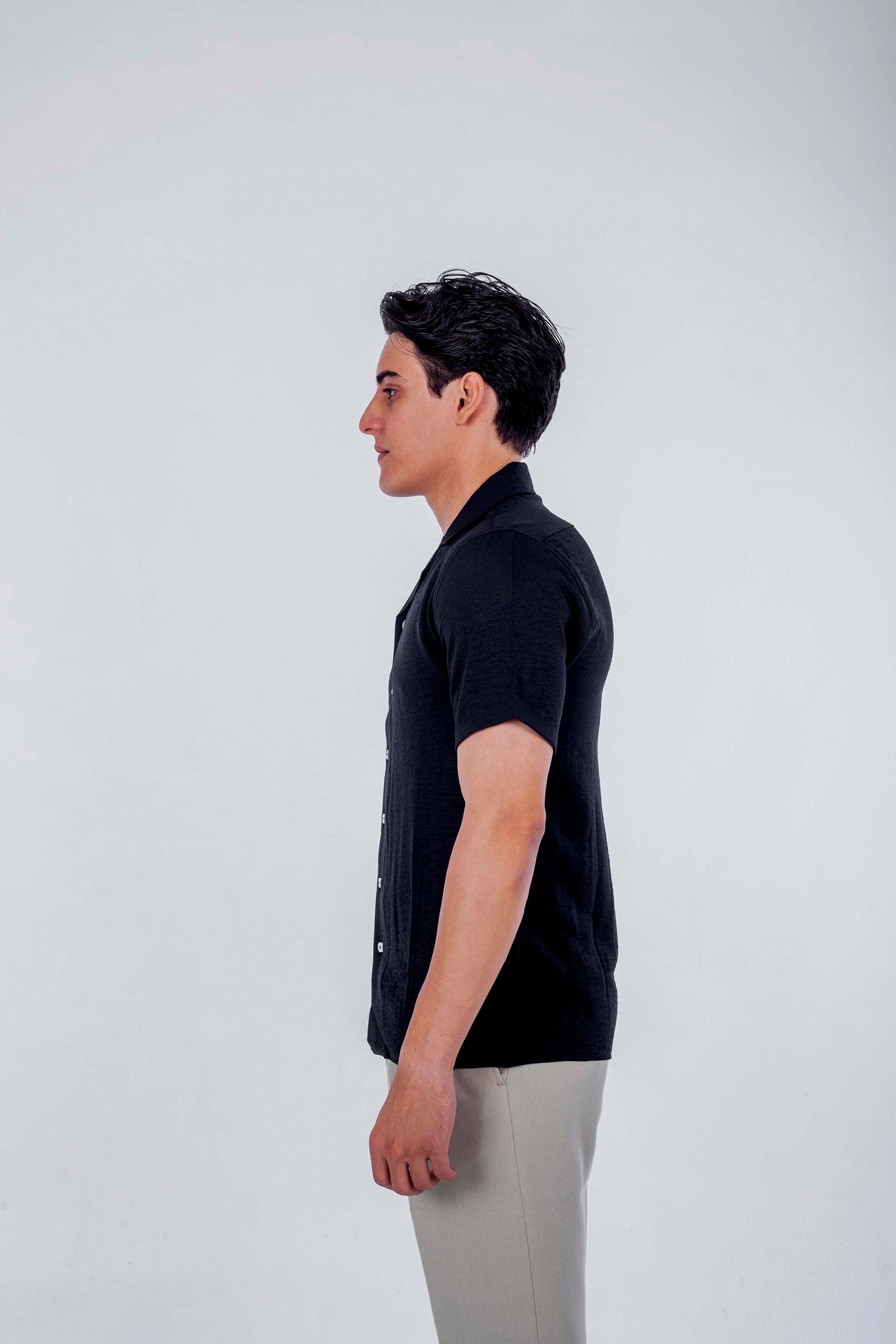 regular  fit camp  collar  linen sleeve short - Black