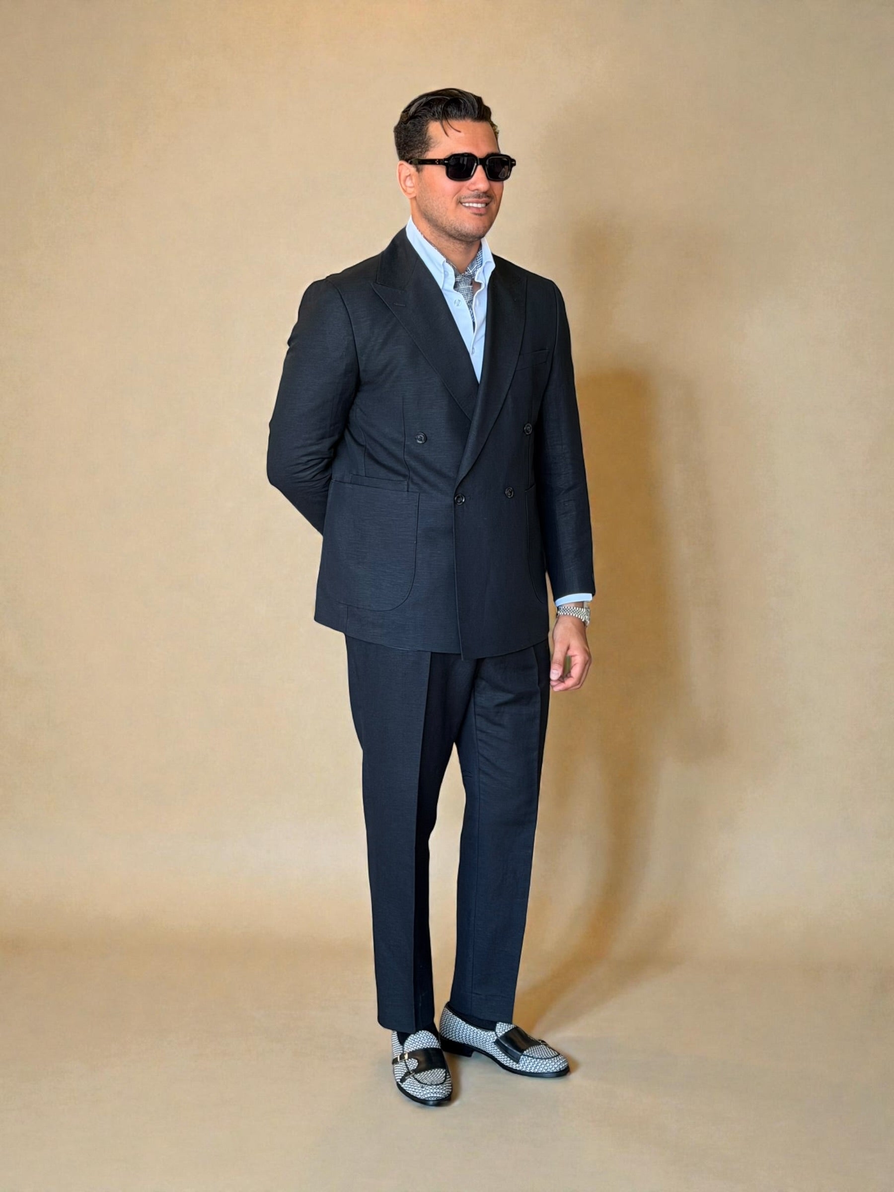 Pure linen Four button double breasted suit - Black